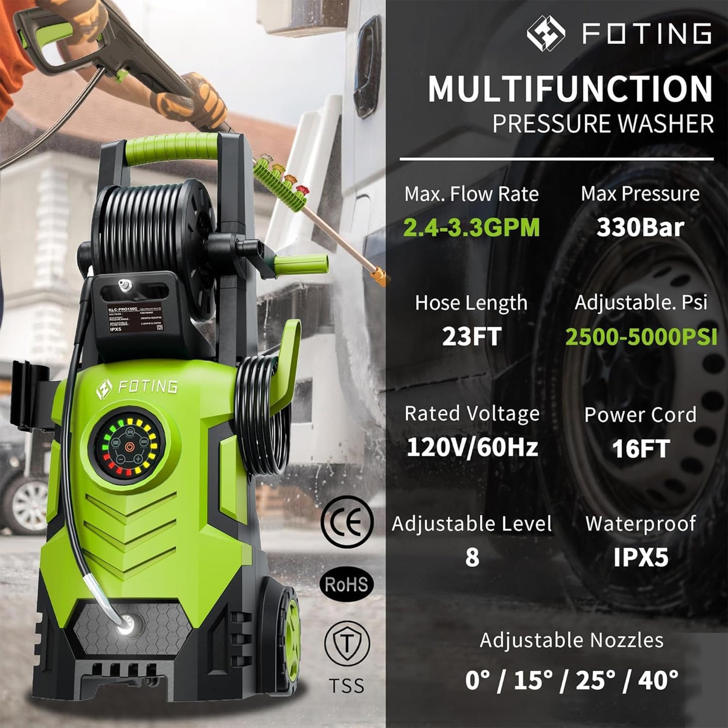 2026Upgraded Pressure Washer 5000PSI with Adjustable Touch Screen 8 Level, 34" Tall, 4 Quick Connect Nozzles,Inlet Hose&Filter&500mlFoam Cannon for Cars/Fences/Driveways/Home Cleaning,Yellow