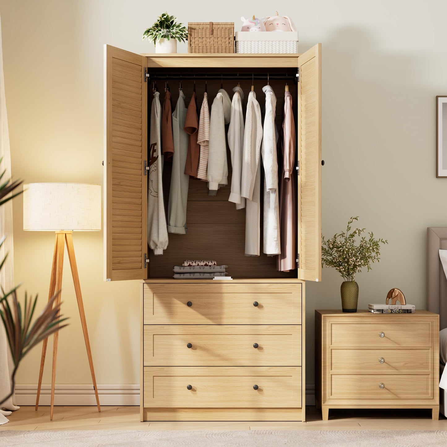 GarveeHome Armoire Wardrobe Closet with Drawers, 69.5 in Wooden Wardrobe Cabinet with Hanging Rod, 2 Doors Clothing Storage Cabinet for Bedroom, Large Capacity Storage, Louvered Door, Natural
