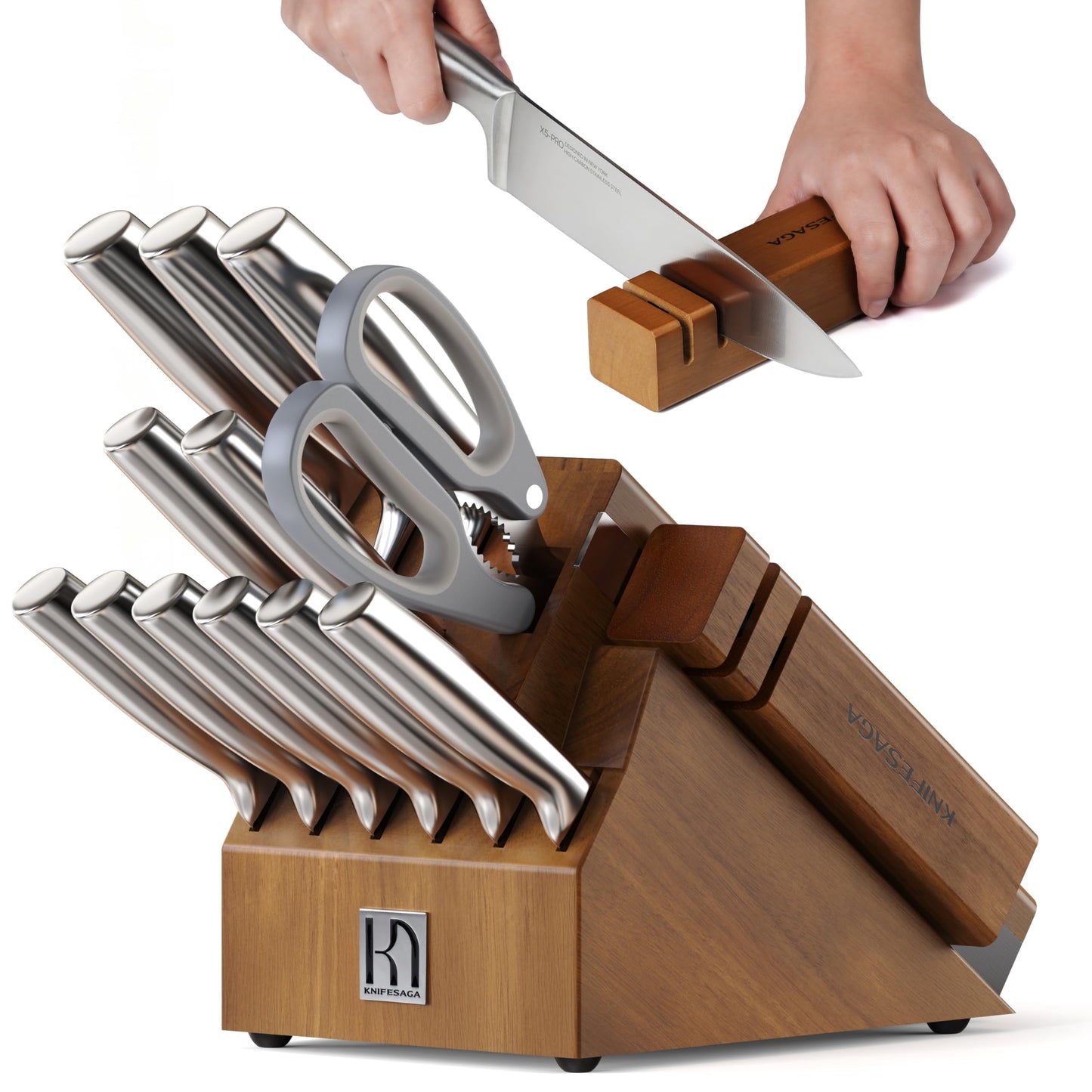 KnifeSaga Knife Block Set with Two-stage Sharpener, 14-Piece | Razor Sharp Japanese Stainless Steel Kitchen Knives with Ergonomic Handles
