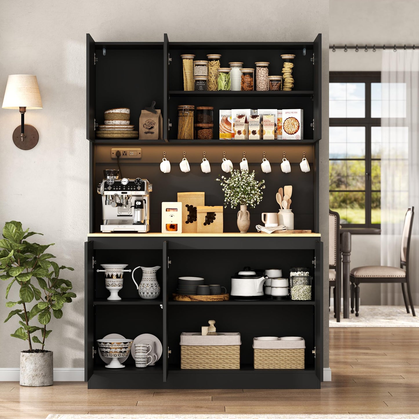 71" Black Kitchen Pantry with Power Outlet & LED Light, Large Kitchen Hutch Cabinet with Adjustable Shelf, Modern Buffet Cabinet with 6 Doors, Food Pantry Storage for Dining Room (Black 6 Doors)