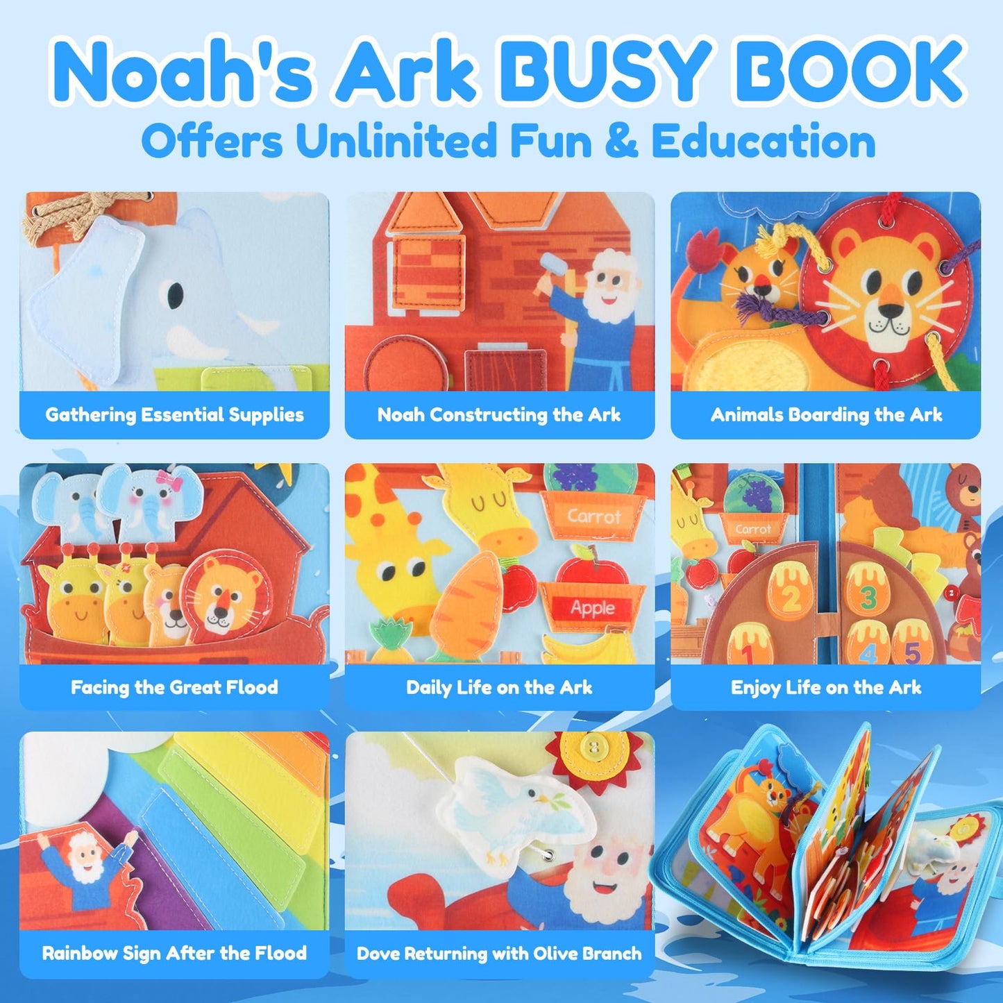 FoenixArte Noah’s Ark Busy Book for Toddlers 1-3, Montessori Quiet Book with 20 Activities, Travel Toy for Fine Motor Learning, Gift for Boys Girls