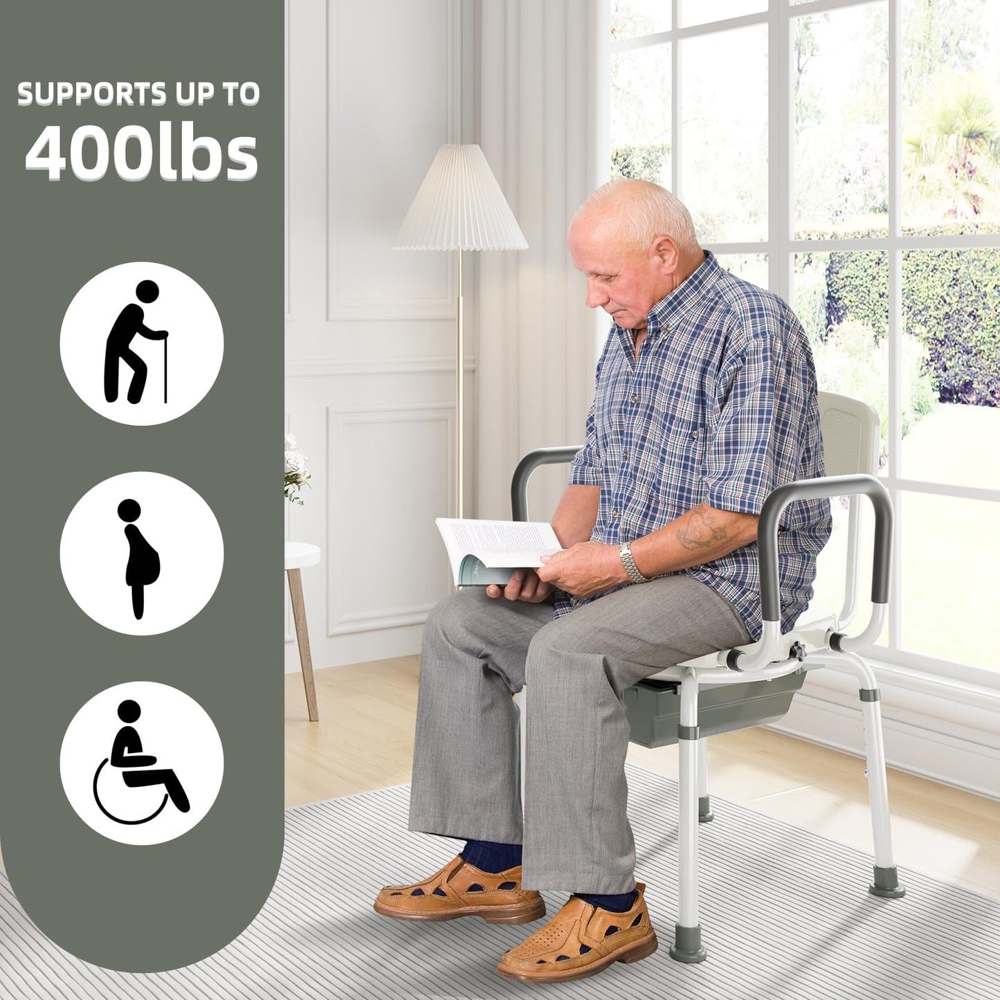 4 in 1 Bedside Commode for Seniors,Portable Toilet for Adults with Arms & Removable Bucket,Height Adjustable Commode Chair for Toilet，Swivel Shower Chair for Inside Shower for Handicapped, Adults