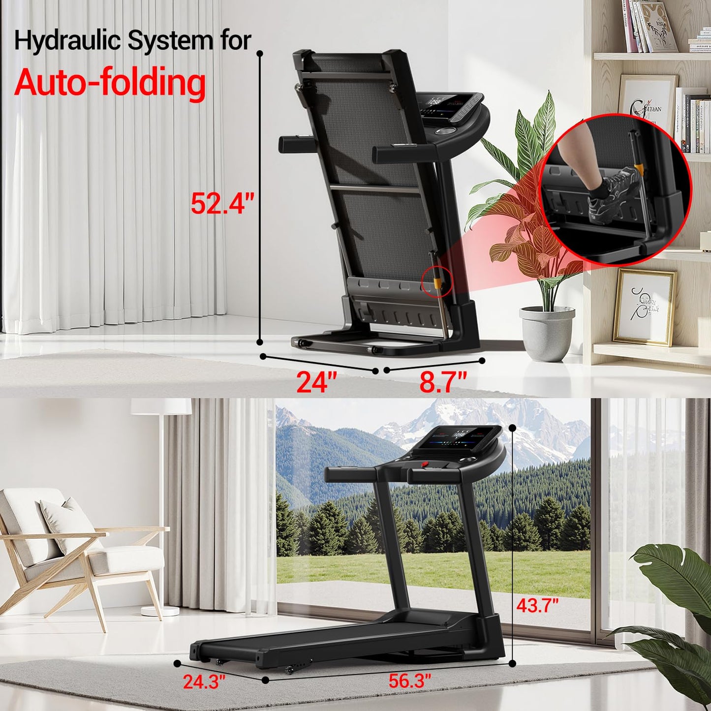 Treadmill with 3-Level Incline for Home and 3.0 HP Quiet Brushless, 8.7 MPH, 300 lbs Capacity