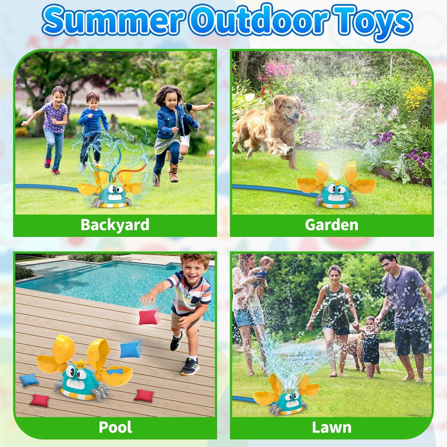 Water Sprinkler for Kids, 2-in-1 Crab Sprinkler with 3 Spray Patterns & 4 Bean Bags for Toss Game, Attaches to Garden Hose, Summer Backyard Lawn Outdoor Water Toy for Boys & Girls Ages 3–8