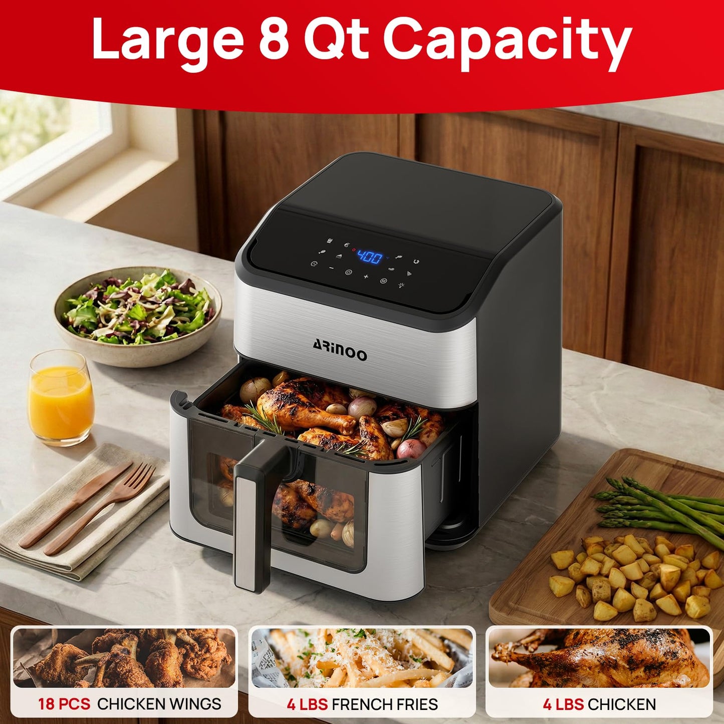 ARINOO Air Fryer Pro with Viewing Window, XL 8 Qt Family Size, 8 Presets French Fries, Chicken, Meat, Pizza, 360° Even Cooking, Recipe Book, 1500W, Nonstick Dishwasher-Safe Basket, 400°F, Black