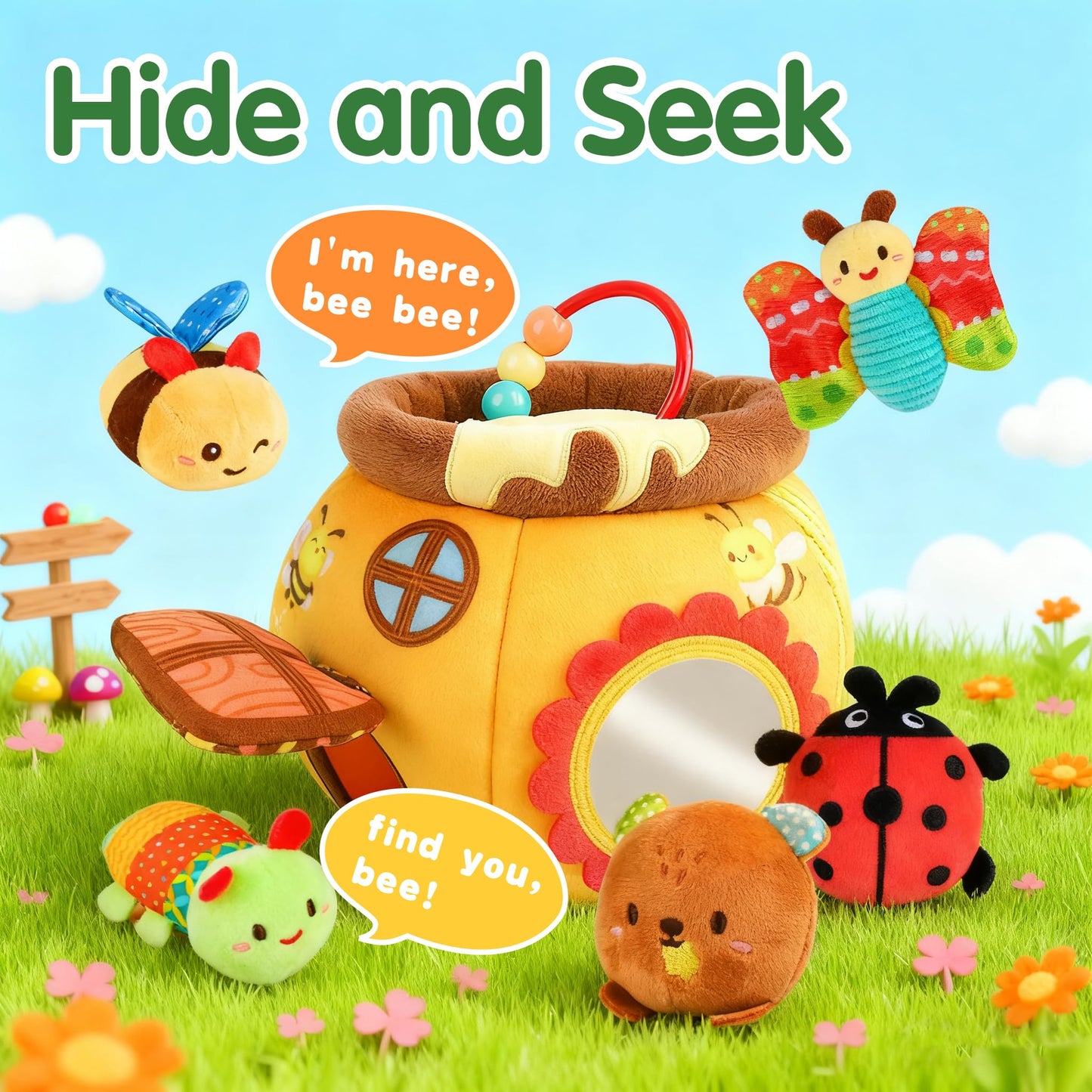 Thremhoo Baby Toys 6-12 Months - Soft Beehive with 5 Stuffed Animals, Rattle, Crinkle, Mirror, Montessori Sensory Toys for Babies 6 7 8 9 10 Months Old Baby Boy Girl Shower Gifts Ages 0-2