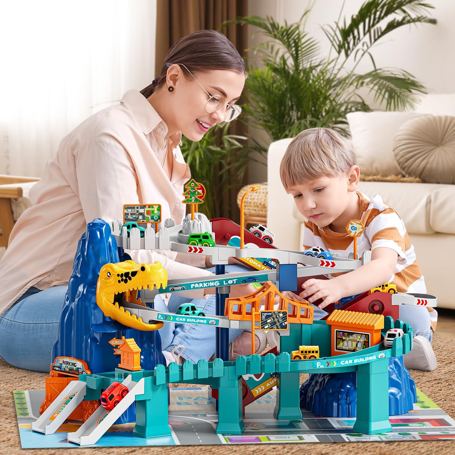 NIPLOOOW Dinosaur Race Track Playset for Boys Kids 3-5, Dinosaur Climbing Hills Car Track Play Set with 10 Mini Racer Cars, Kids Car Ramp Track Toys for 3 4 5 6 7 8 Year Old Boys Girls