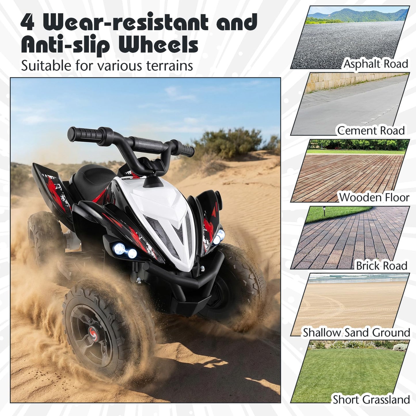 Costzon Kids ATV, 12V 4-Wheeler Quad Electric Vehicle w/ 7 mph Max Speed, 15° Climbing, LED Lights, Music, Wireless Connection, Toddler Ride On ATV Toy, Gift for Boys Girls Aged 3+ (Deep Black)