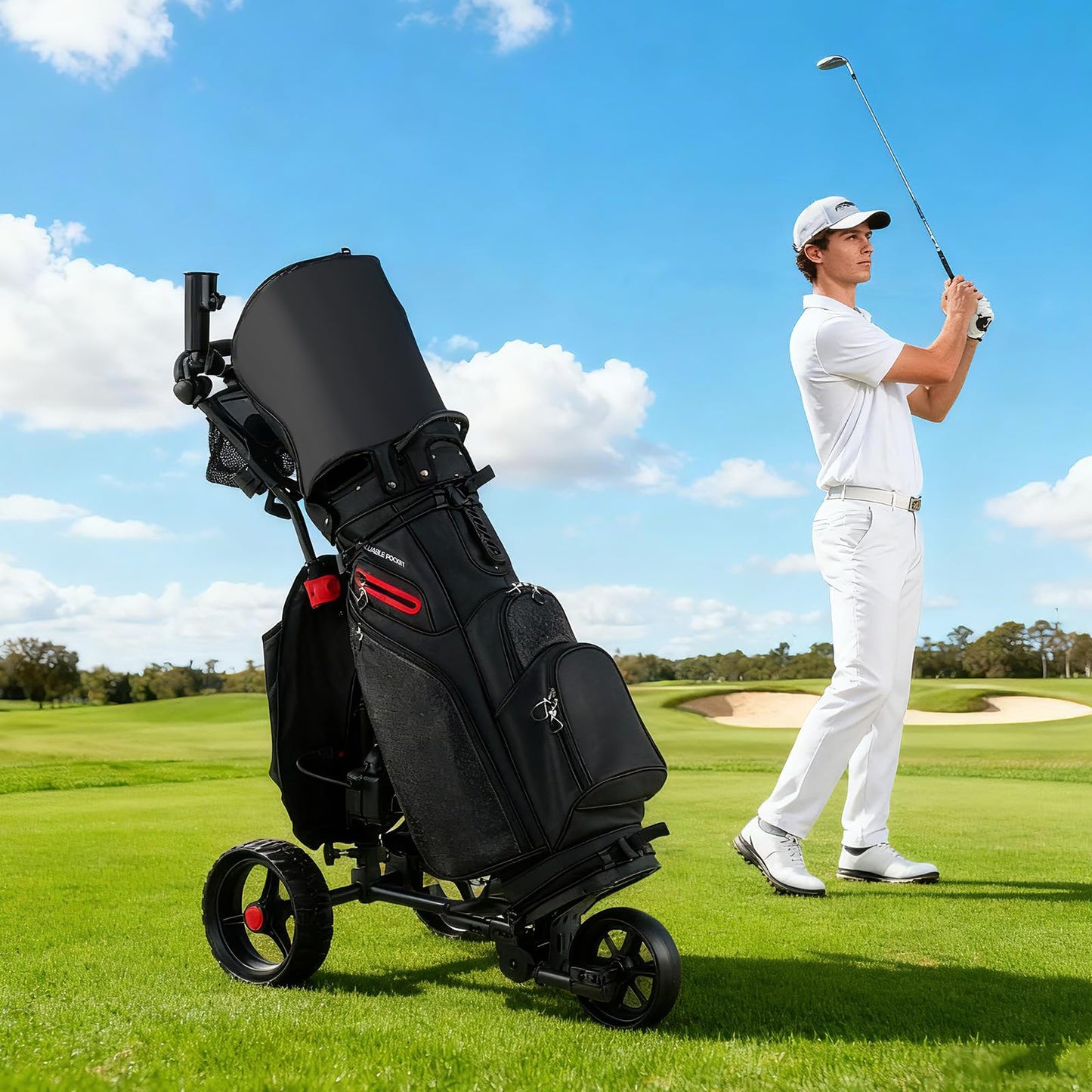 Tangkula Electric Golf Push Cart, Foldable 3 Wheels Golf Cart with Adjustable Handle & 9 Speed Settings, 18 Hole Battery, Umbrella Holder, Drink Holder, Scorecard Holder, Cooler Bag & USB Port, Black