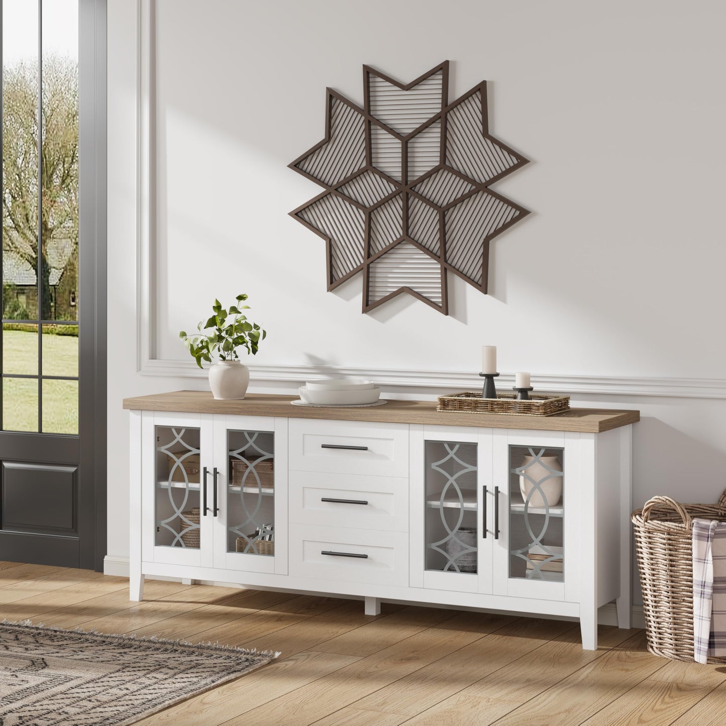 IDEALHOUSE Farmhouse TV Stand for 70 Inch, Mid Century Modern Entertainment Center with Glass Door, Television Stands 2 Storage Door and 3 Drawer with Shelves for Living Room Bedroom Rustic White