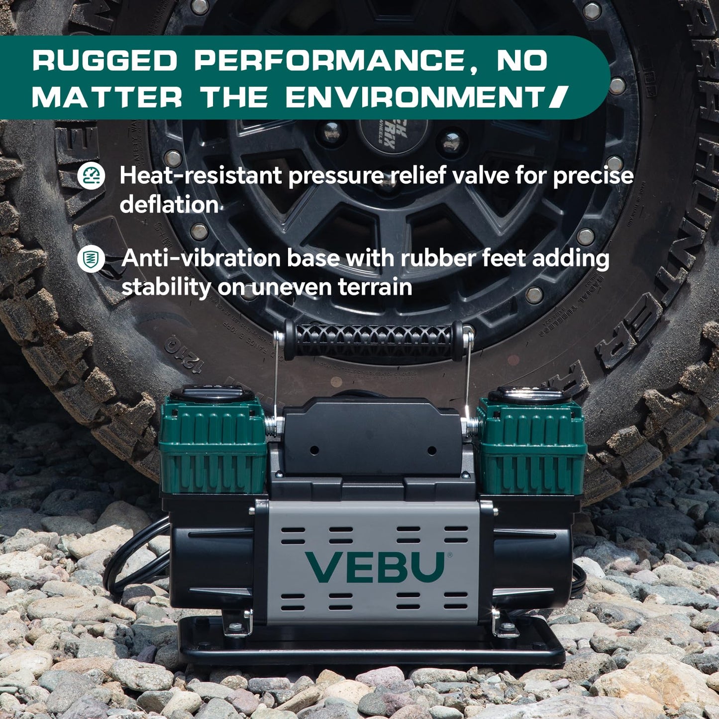 VEBU Heavy Duty Air Compressor 12V Tire Inflator, Dual Cylinder 125PSI with In-line Pressure Gauge, 10.6CFM Fast Inflation for Off-road Vehicles, Trucks, SUVs, RVs, ATVs, DC Power, Corded Electric