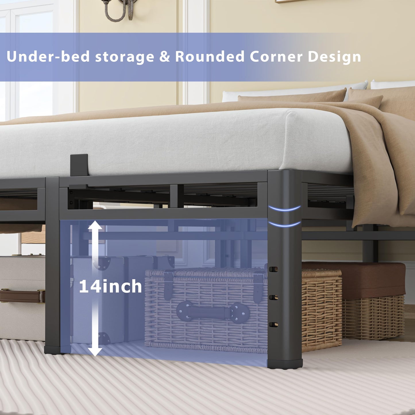 NKZ 18 Inch Queen Size Bed Frame, Metal Bed Frame & Box Spring 2 in 1 Platform with Round Corner Legs, 4000Lbs Heavy Duty Metal Frame, Mattress Slide Stopper, Headboard Hole, Noise-Free, Easy Assembly