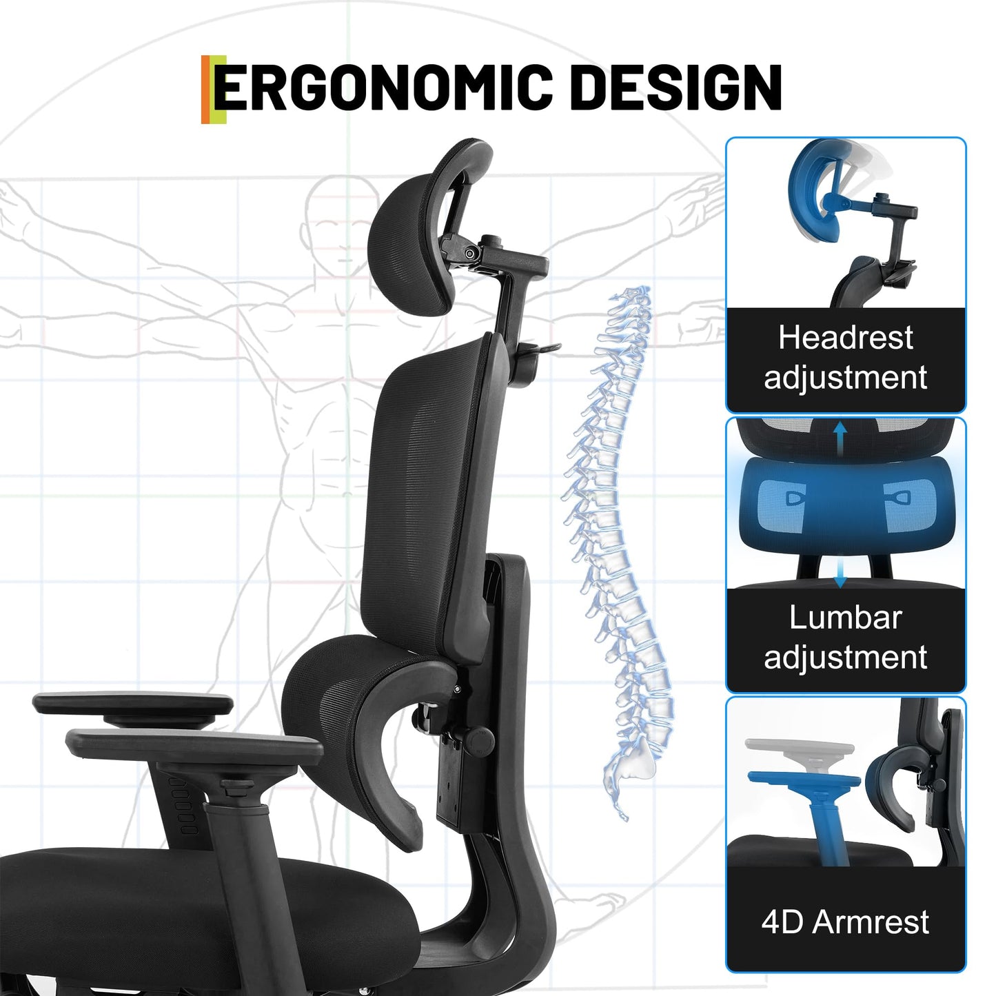 Ergonomic Mesh Office Chair, Adjustable Lumbar High Back Desk Chair 300lbs, 4D Flip-Up Arms, 3-Level Tilt Backrest, 3D Headrest, PU Wheels, Swivel Rolling Computer Seating for Long Desk Work