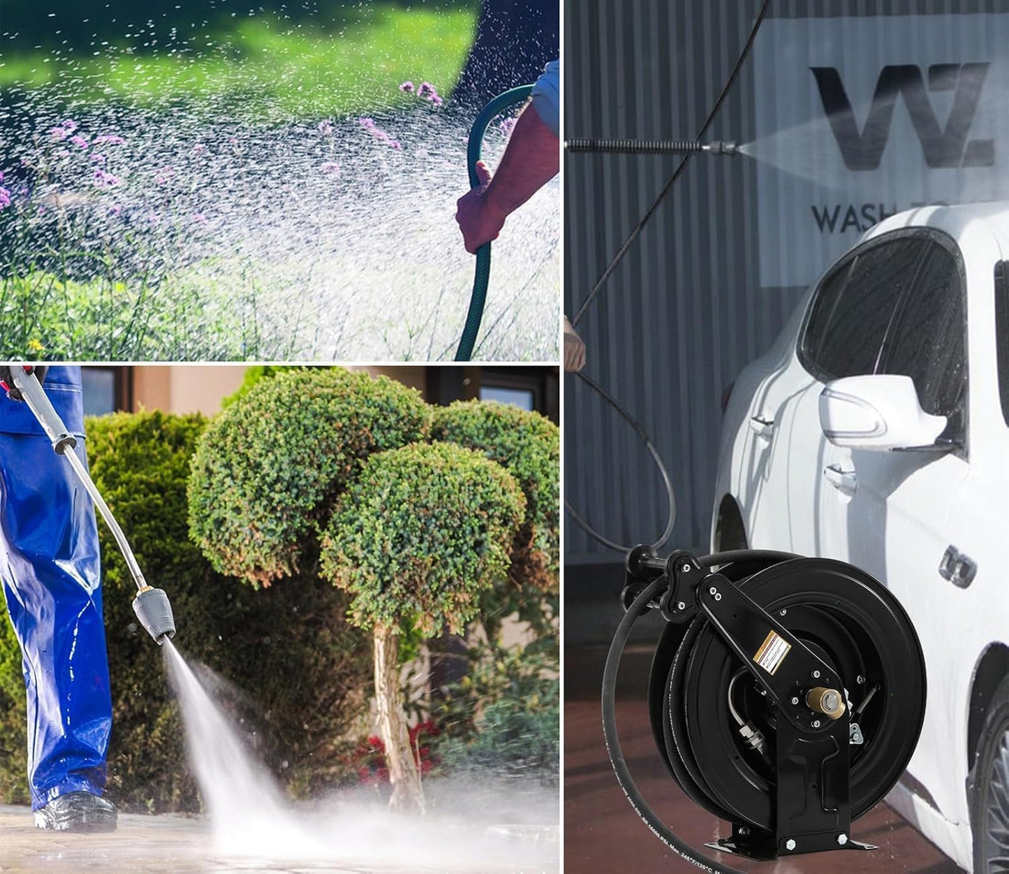 50FT x 3/8"Retractable Pressure Washer Hose Reel, Heavy Duty Steel Professional Power Wash Hose Reel with 5 ft Lead ，4000 PSI ，for Oil/Air/Water