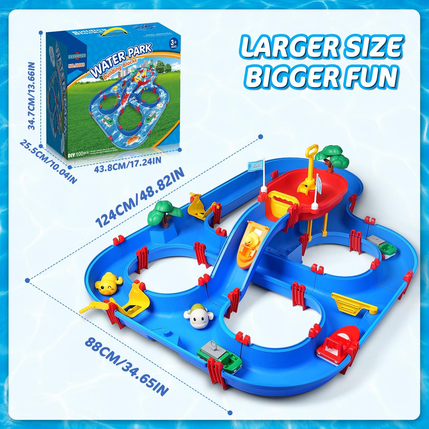 TERRAMUS Double-Tier Kids Water Table Toys, 100PCS Water Park Playset with Pump, DIY Toddler Waterways, Summer Outdoor Toys for Backyard,Lawn,Beach,Pool, Outside Activity Funs for Boys Girls 4-8 3-5