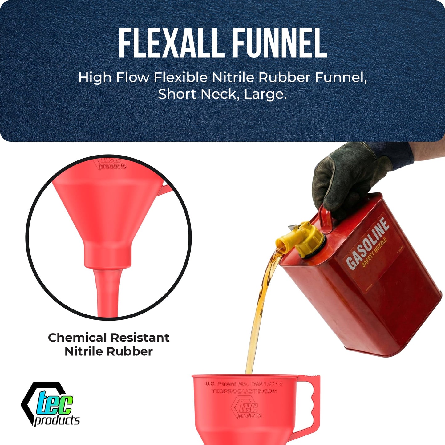 TEC Products FlexAll Short Neck Funnel - Flexible Funnel w/Hose for Automotive Use - Durable Nitrile Rubber - Car Oil Change, Transmission Fluid, Diesel, Gas - USA Made - Large (11 x 5.73 Inches)