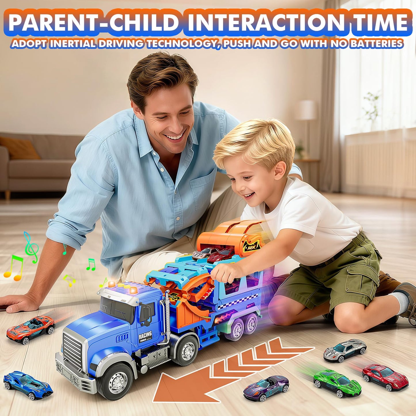 Kids Toys for 3 4 5 6 7 8 Years Old Boys, Carrier Truck Transport Car with Lights Sounds, Christmas Birthday Gift for Toddler, Foldable Layer Car Race Track Playset with Race Track, 6 Metal Toy Cars