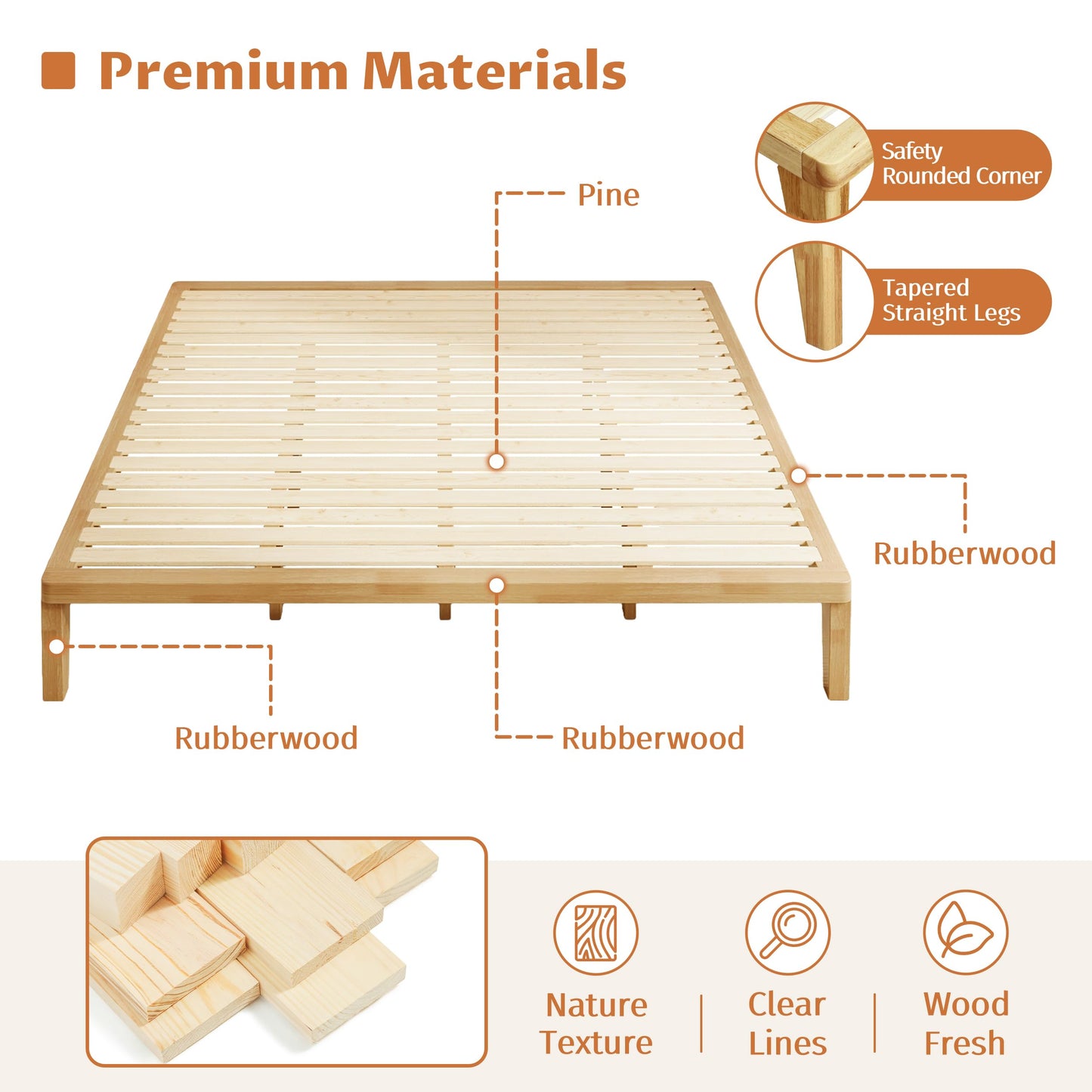 IOTXY King Platform Bed Frame - 12 Inch Solid Wood Mattress Foundation Base with Heavy-Duty Support Slats & Legs, Rubberwood King-Size Bedframe