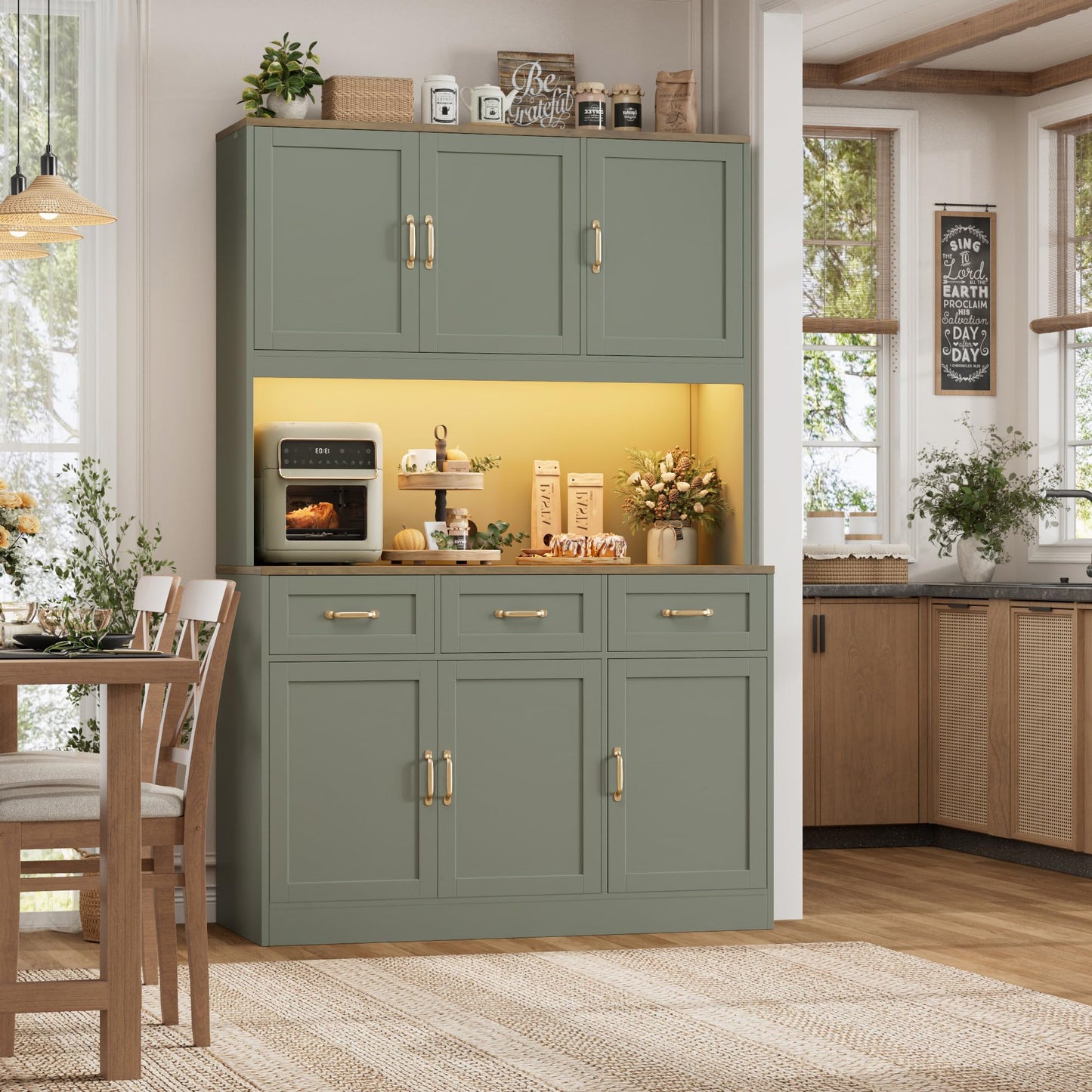 HOSTACK 72" Tall Kitchen Pantry Cabinet with Charing Station | LED Lights, 47" W Kitchen Pantry Storage Cabinet with Countertop, Modern Kitchens Hutch Cabinets with Storage for Dining Room, Green
