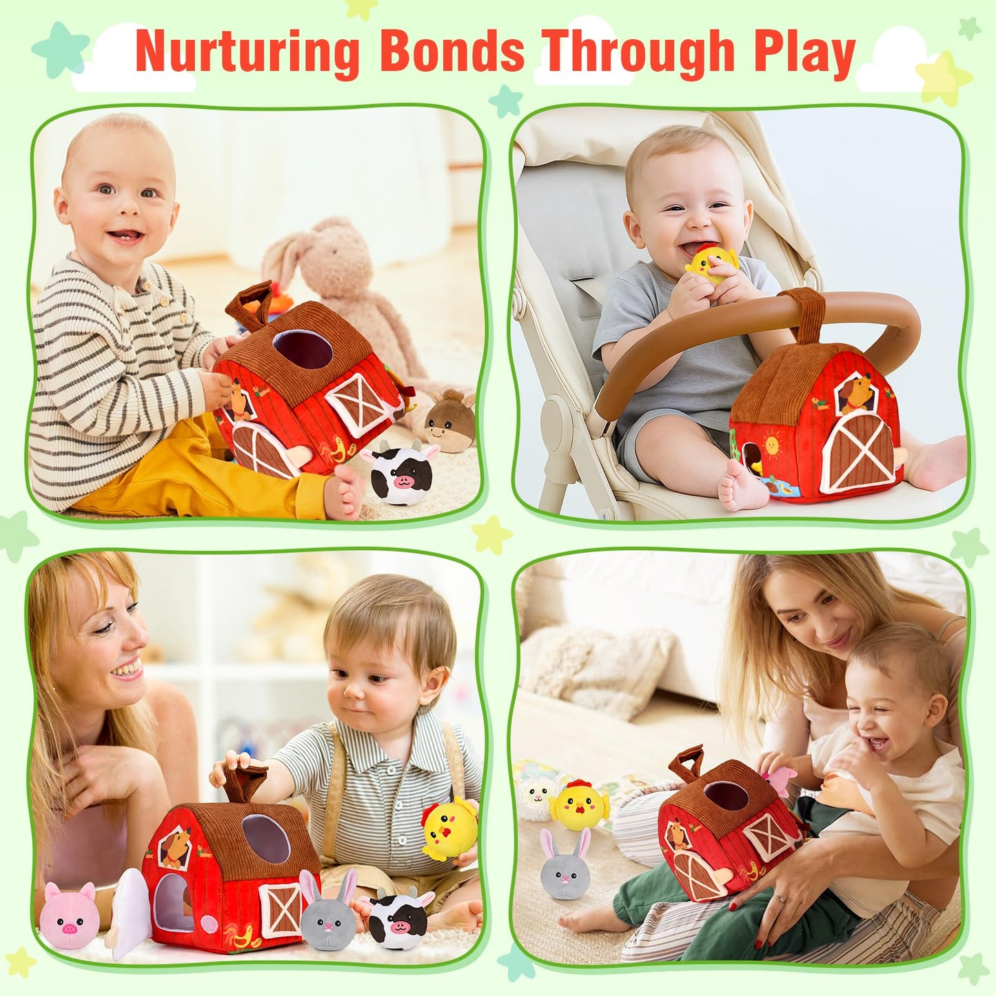 Aojieni Baby Toys 6-12 Months: Plush Surprise Barn with Stuffed Farm Animals, Rattle, Crinkle Paper, Mirror, Busy Montessori Toys for Babies, Infant, Newborn, Sensory Toys for Toddlers 1-3