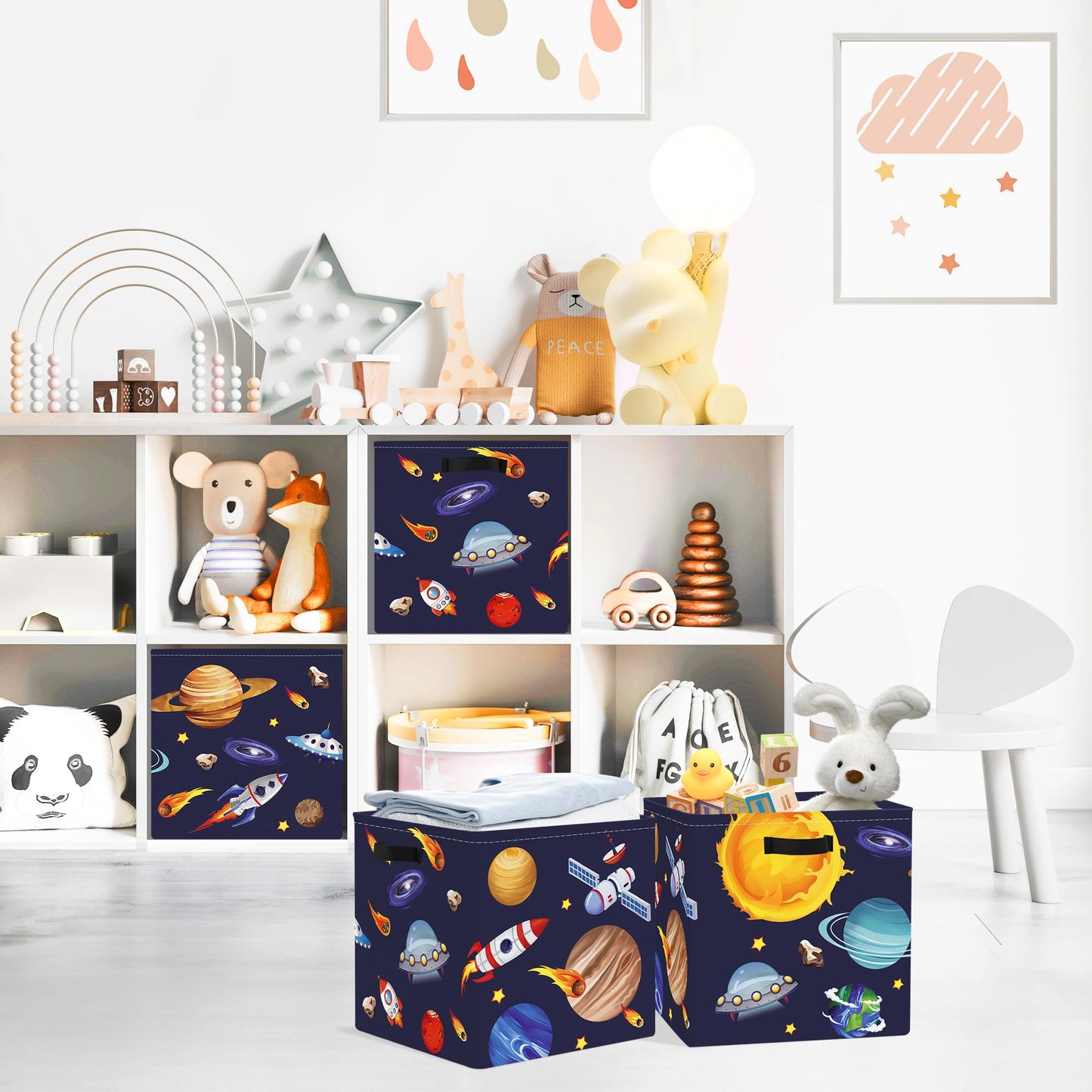 Clastyle 3 pcs Cosmic Space Cube Storage Unit Boxes Stars Kallax Box for Shelves Parents Storage Baskets for Book Clothes Toy Organizer, Solar System, 11.8x11.8x11.8 in
