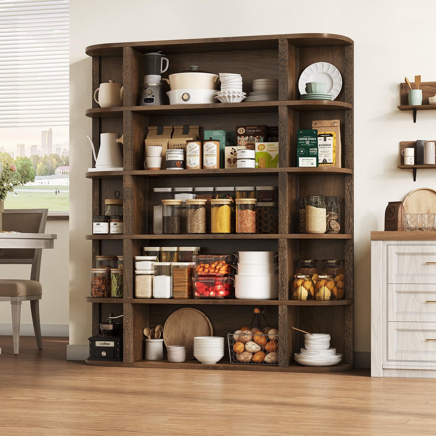 TVU 5-Tier Wood Book Shelf, 47" Wide Large Bookshelf and Bookcase, 62" Tall Bookshelf with Curved Side Shelves, Freestanding Wood Display Book Shelves for Living Room, Home Office, Walnut