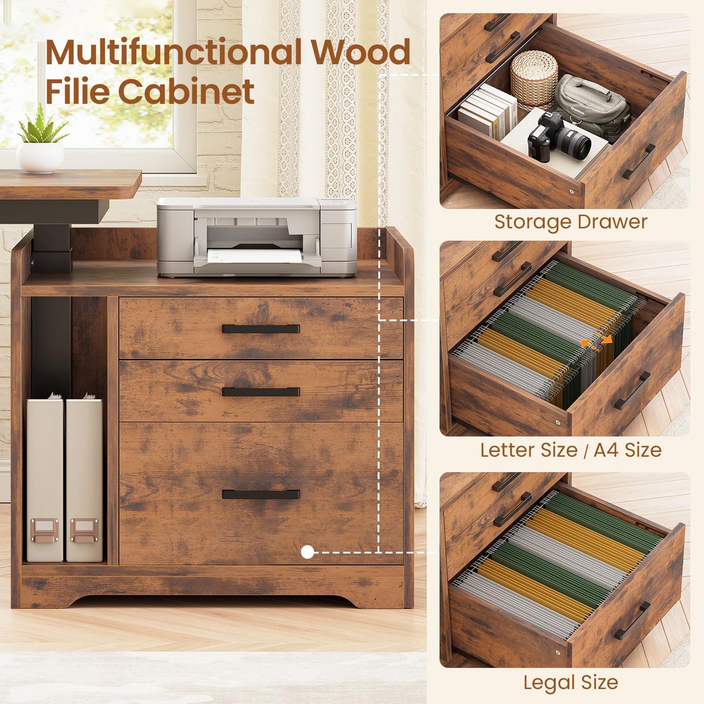SEDETA L Shaped Electric Standing Desk with File Cabinet, 63 x 53'' Height Adjustable Home Office Computer Desk with 3 Drawers, Power Outlet, Stand up Gaming Table with Led Lights, Rustic Brown