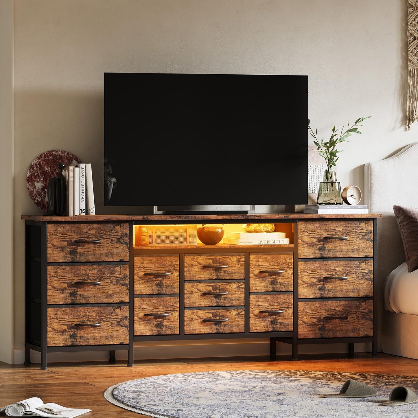 LED TV Stands for Living Room, 70 Inch Dresser TV Stand for 65, 75, 80 Inch TV,TV Stand with Storage, Entertainment Center with Power Outlets, 13 Drawer Fabric Dresser for Living Room, Bedroom