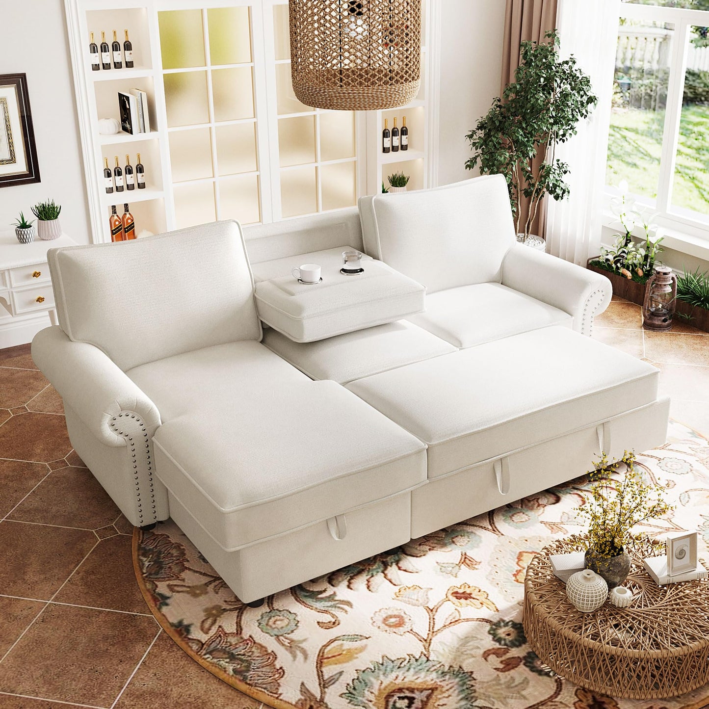 Merax 95" Convertible Sectional Sleeper Sofa with Pull Out Bed & Storage Chaise & Pull-Down Table | Acacia Wood Frame Couch Bed with Cup Holders & Nailhead Trim for Small Apartments & Guests, Beige