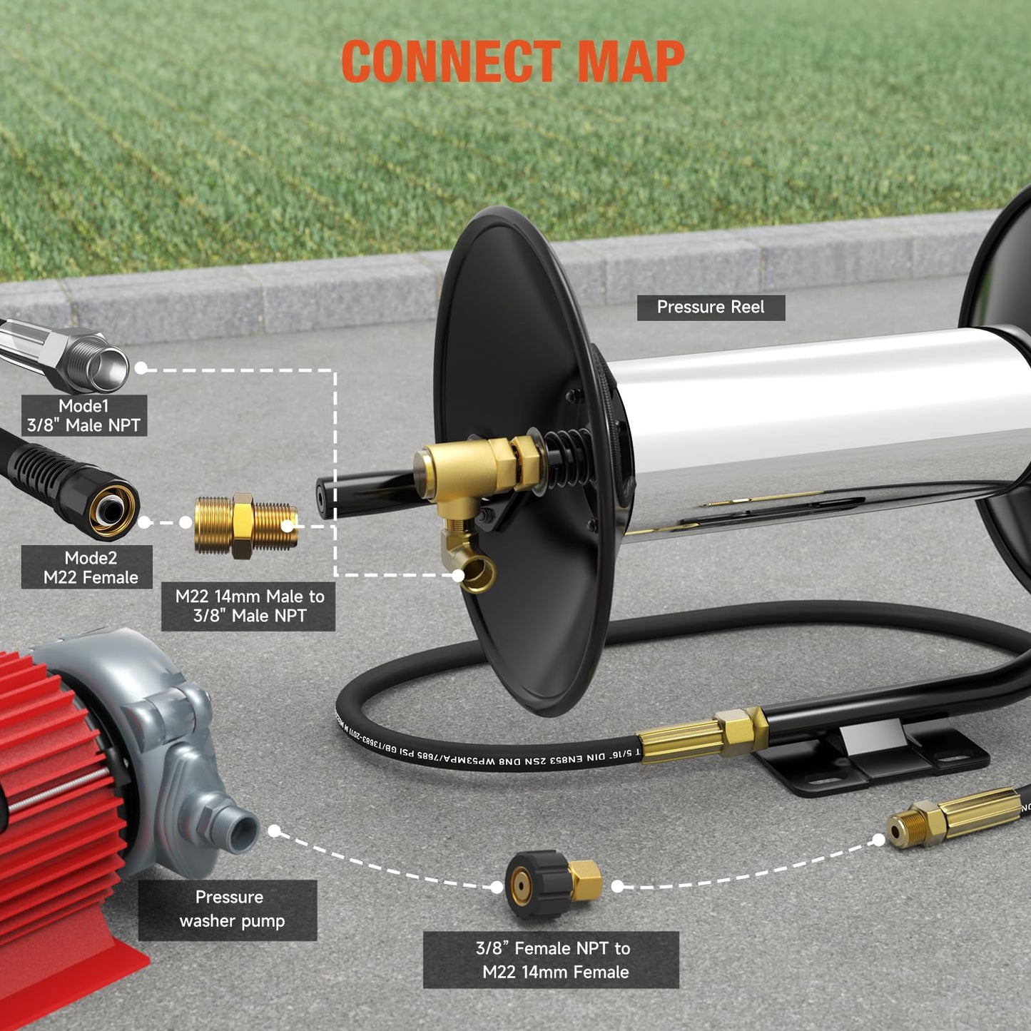 BreAro Pressure Washer Hose Reel, 100FT High Pressure Hose Reel with Hand Crank, 3/8" Heavy Duty Steel Pressure Washer Reel, 4000 PSI Power Washer Hose Reel Swivel Arm for Air/Liquid/Water Use