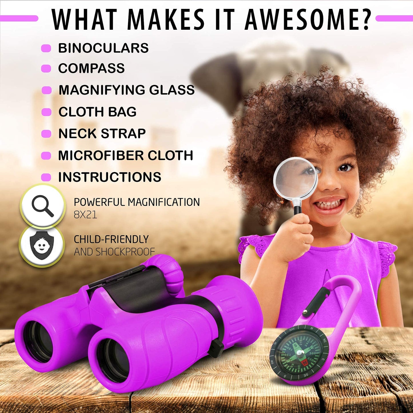 Binoculars for Kids – Perfect Toy for Little Boys and Girls – Extensive Set Incl. Magnifying Glass & Compass – Powerful Magnification 8X21 – 3 to 12 Year Old Kids for Toddler