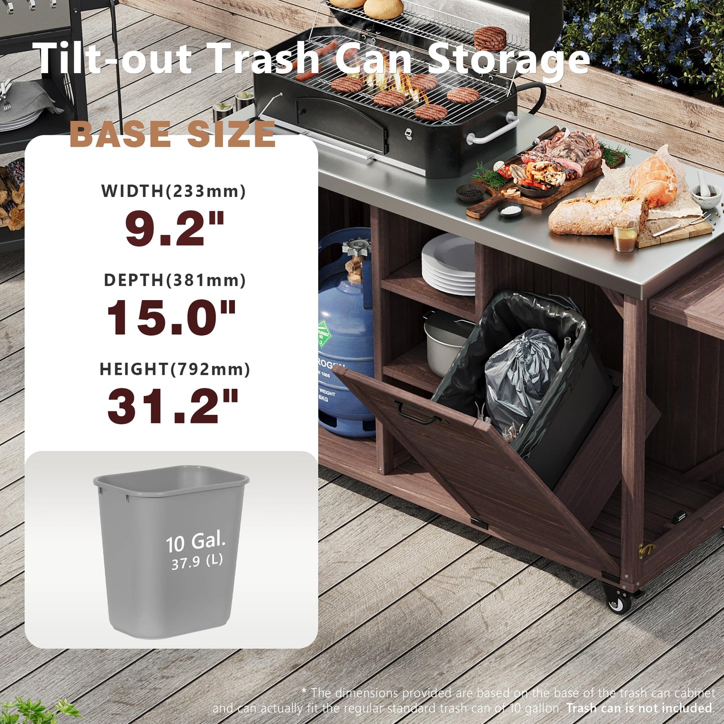 Merax 78.3" Outdoor Kitchen Island with Foldable Grill Table, Solid Wood Grill Cart with Storage & Stainless Steel Top, Bar Cart for Lawn & Garden, Dark Brown