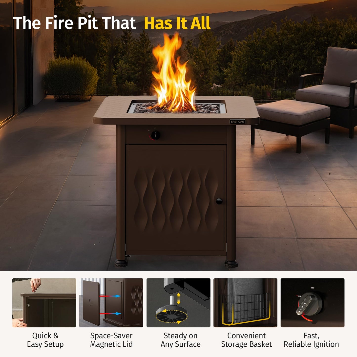East Oak 28" Upgraded Outdoor Propane Fire Pit Table | 52,000 BTU Gas Fire Pit Table for Outside with Magnetic Lid | Storage Basket & Lava Rocks | CSA Certified for Patio, Garden & Backyard | Brown
