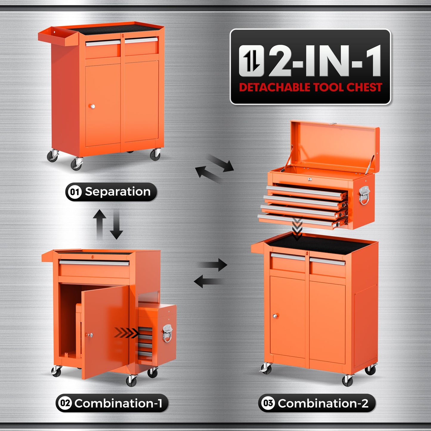 Brightpeak 5-Drawer Rolling Tool Chest – Heavy-Duty Steel Tool Cabinet with Detachable Top Box & Locking Wheels – Secure 2-in-1 Garage Workshop Storage, Tool Organizer(Orange)