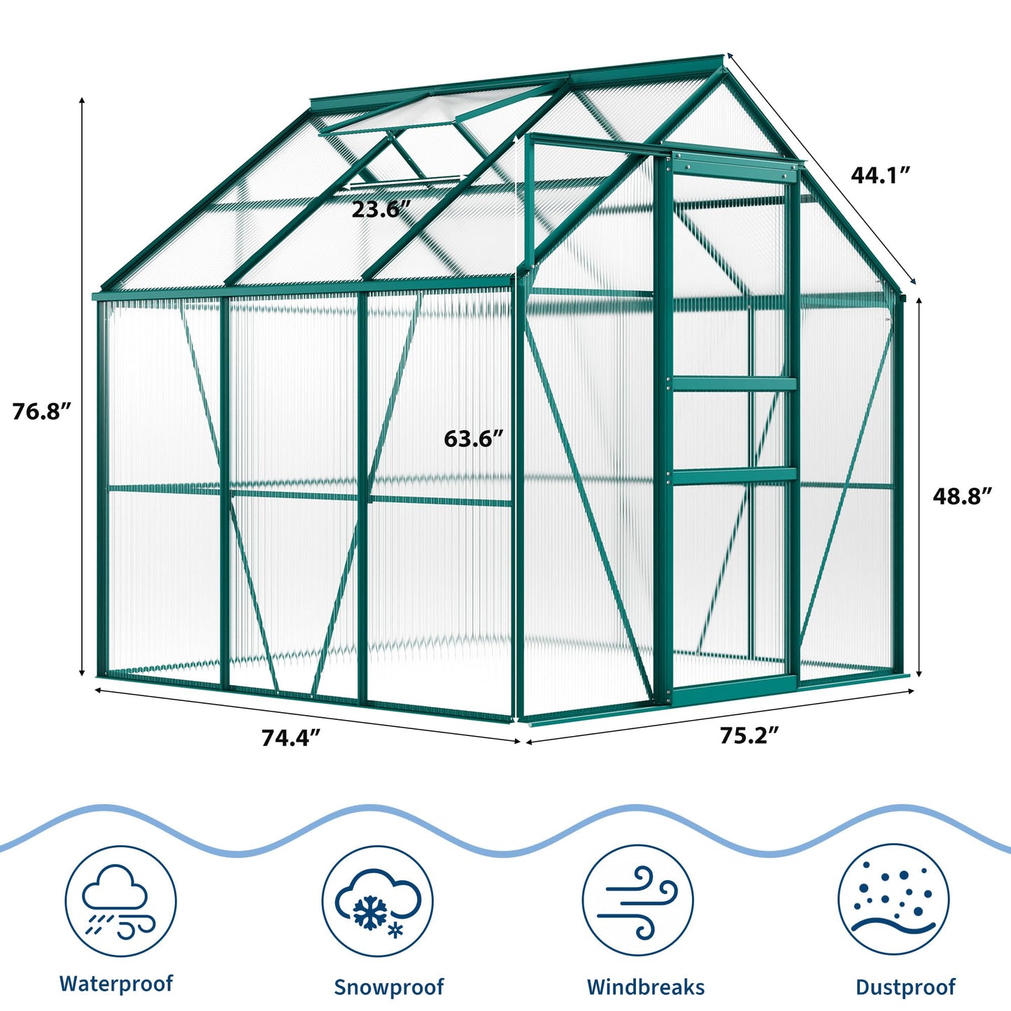 GarveeHome 6 x 6 FT Polycarbonate Greenhouse, Winter Greenhouses for Outdoors with Aluminum Frame, Sliding Door, Adjustable Roof Vent, Backyard Green Houses, Patio Garden, Green