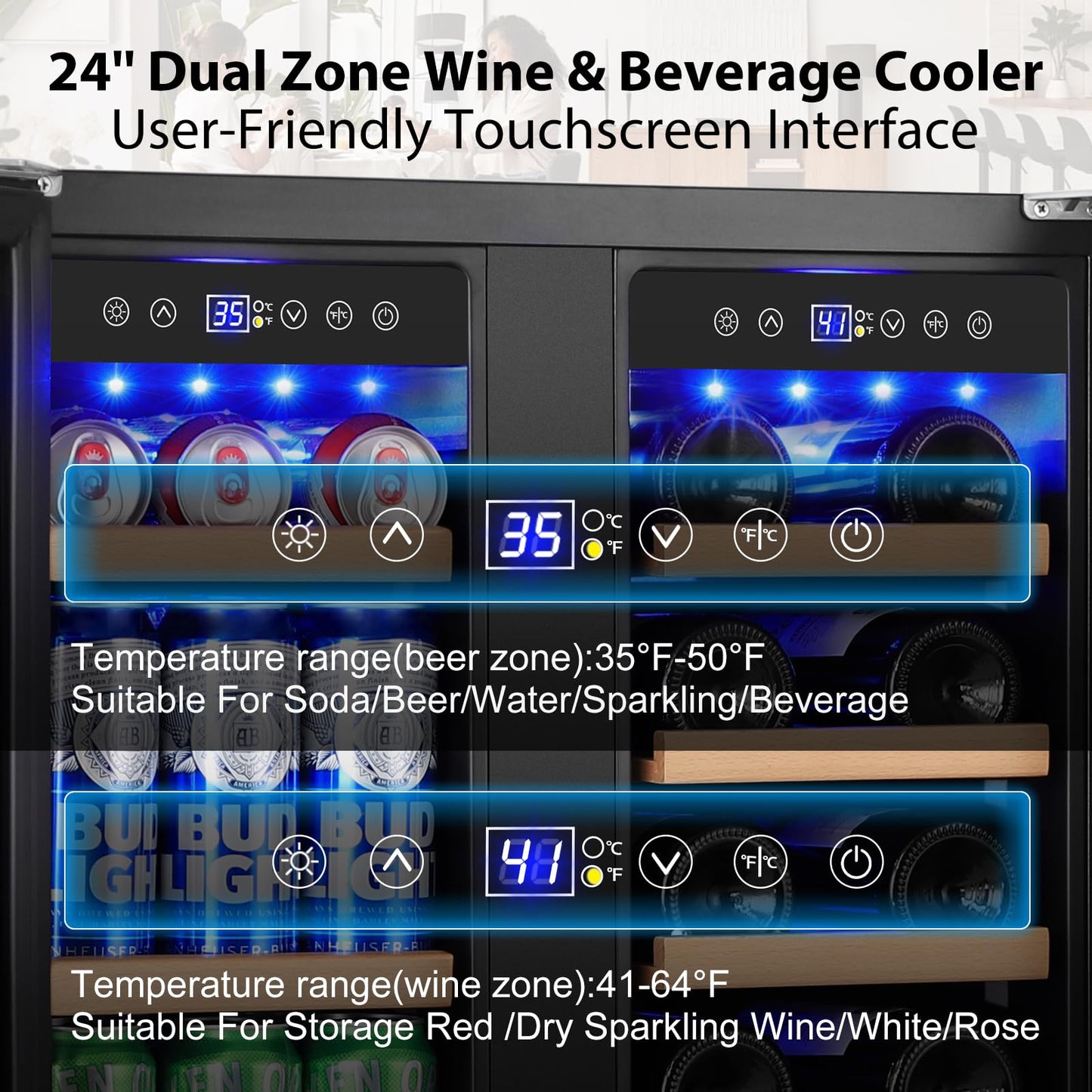 24" Dual Zone Wine & Beverage Refrigerator – Under Counter Cooler with Upgraded Cooling & Blue LED Light, Hold 20 Bottles and 88 Cans Large Capacity Wine Fridge, Built-In or Freestanding – Black