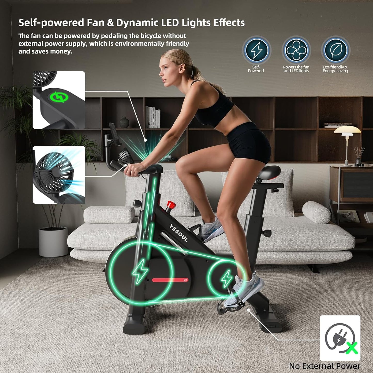 YESOUL Exercise Bike for Home, Self Powered Fan Stationary Bike with Dynamic LED Light Effects, Pro Livestreaming Classes, Smart Exclusive App, 300 LBS Magnetic Resistance Indoor Stationary Cycling Workout Bike for Home