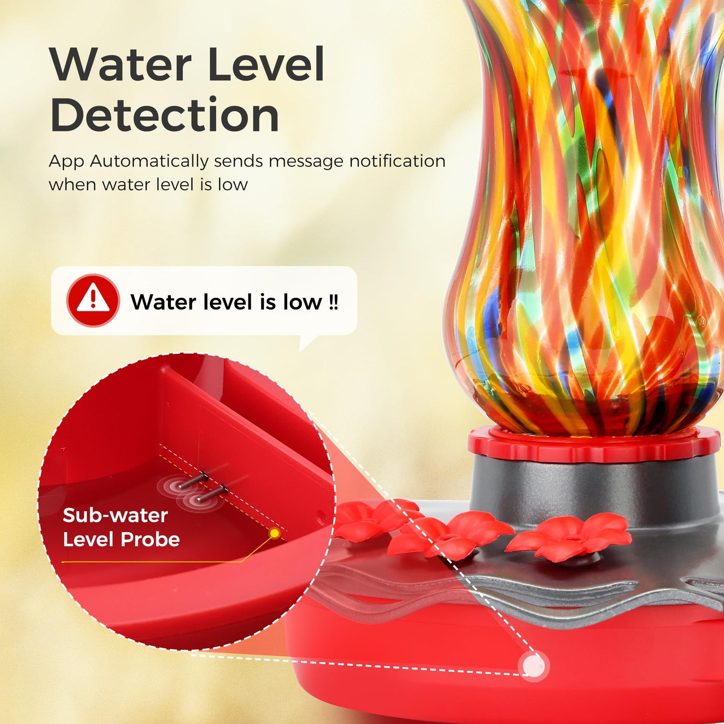 TT Nature Glass Smart Hummingbird Feeder with Camera Solar Powered 2K- AI Identify & Water Detection, Instant Notification, Leakproof & Ant Moat, Compatible with Alexa & Google Assistant