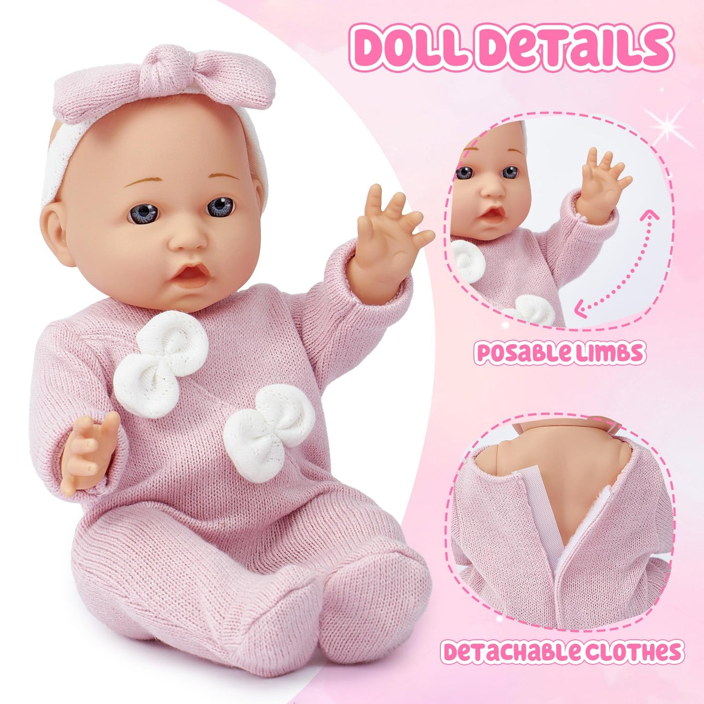 Golray 12" Soft Baby Doll Set with Accessories Bassinet Carrier, 13 Pcs First Toddlers Realistic Baby Doll Crib with Pillow/ Clothes/ Feeding Kit, Pretend Play Toy Birthday Gift for Girls Ages 3 4 5 6