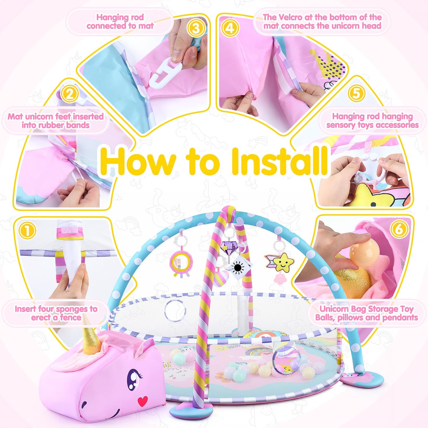 WeeHomm Baby Play Mat & Activity Mat - Baby Play Gym Tummy Time Mat with 6 Detachable Sensory Toys for Motor Skills Development, Newborn Baby Toys 0-6-12 Months Essentials Gift Playmats