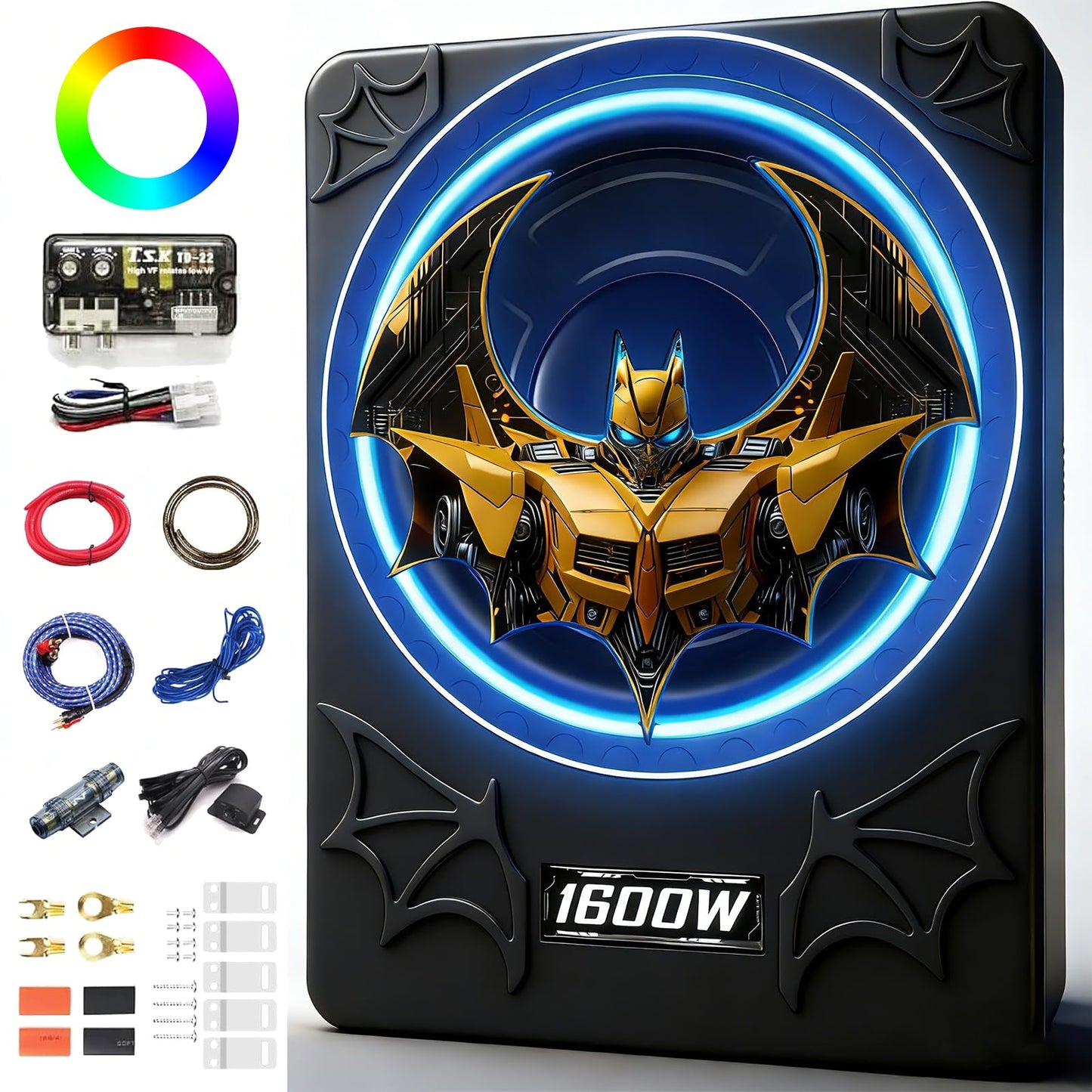 SUBPULSIX 1600W Slim UnderSeat Subwoofer and Amp Package, Powered Car Subwoofer with Built-in Amp, Cast Aluminum Underseat Subwoofer with RGB Ambient Light Switch, Deep Subsonic Bass for Car/Truck/SUV
