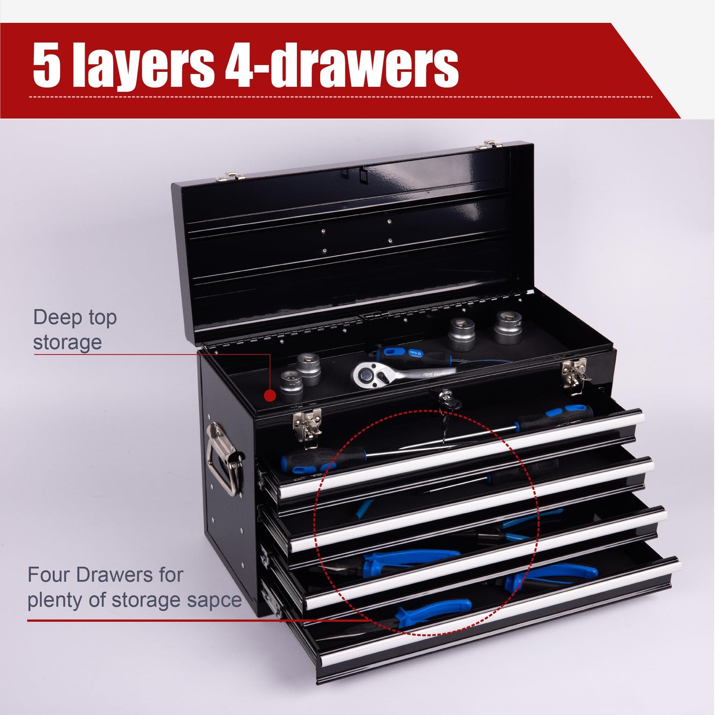 Heavy Duty 21 Inches Metal Tool Box with 4 Drawers - Portable Locking Tool Chest with Ball Bearing Slides, Powder Coated Steel & EVA Liners - Multi-Function Garage & Workshop Organizer (Black)