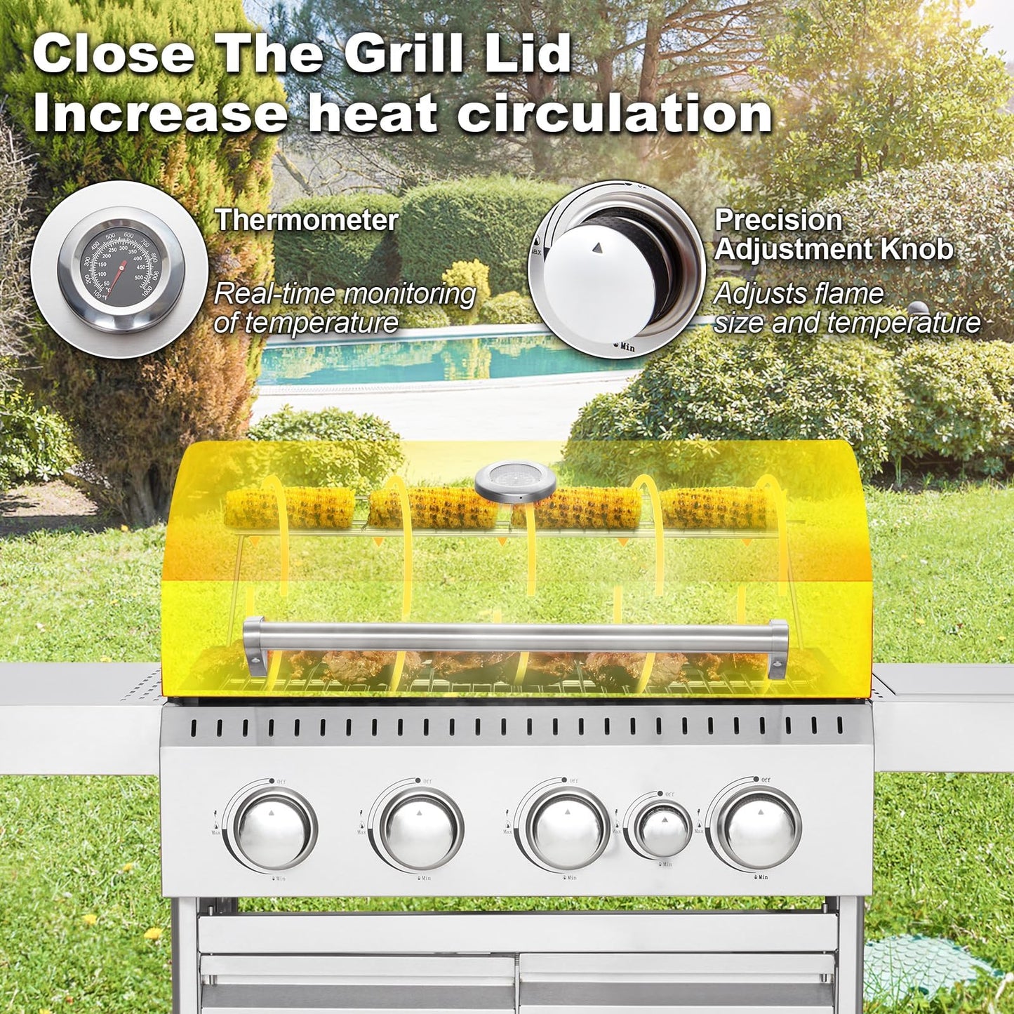 MELLCOM Stainless Steel 4 Burner BBQ Propane Gas Grill with Cast Iron Grates & Side Stove, Stainless Steel 44000 BTU Burner Barbecue Grill for Patio,Camping, Outdoor Cooking