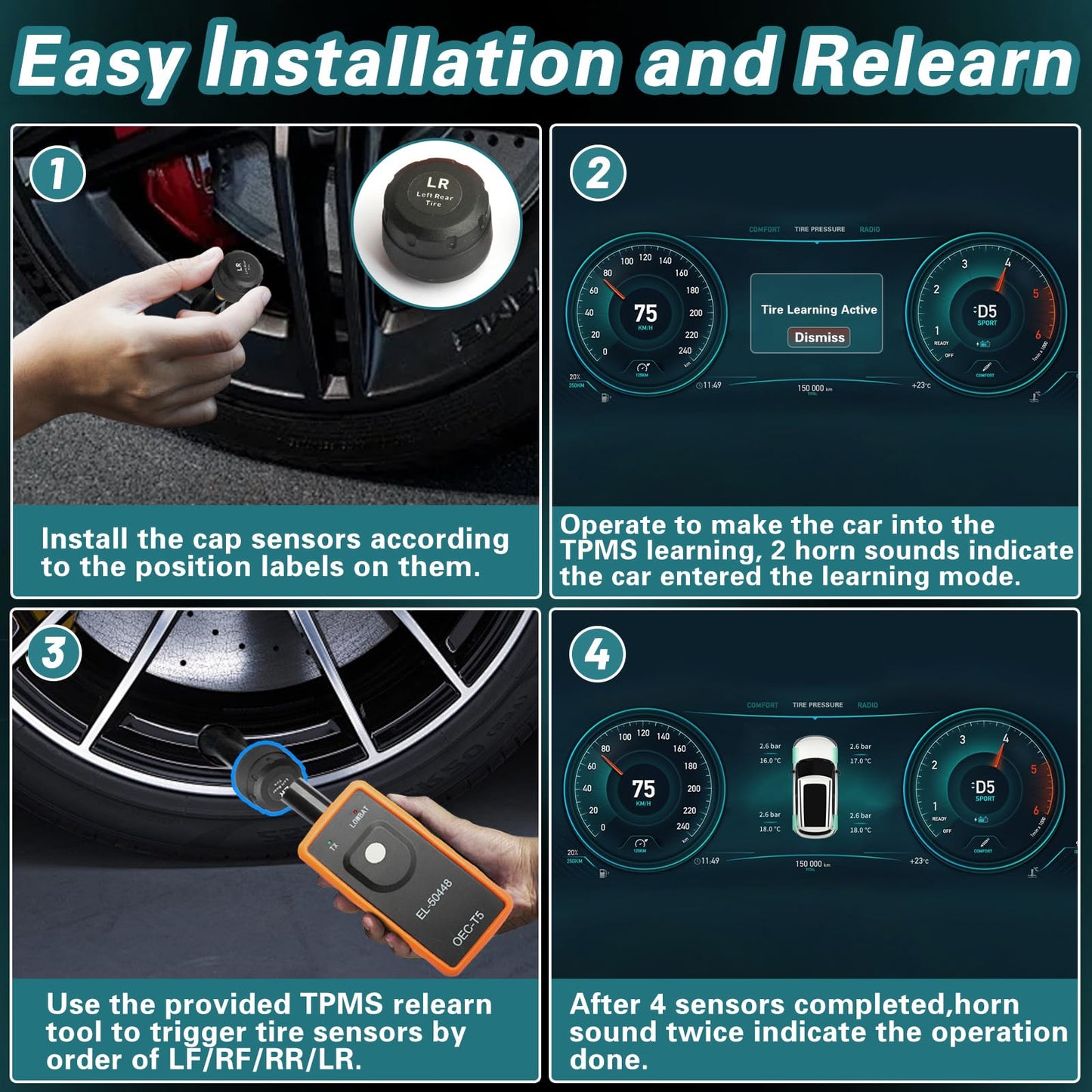 Masoll TPMS Sensor for GM Chevy Silverado Buick Cadillac GMC Pontiac, 315MHz Tire Pressure Sensor Replaces# 13598771,13598772, 4 Tire Sensors with 1 TPMS Relearn Tool, External, Easy to Install