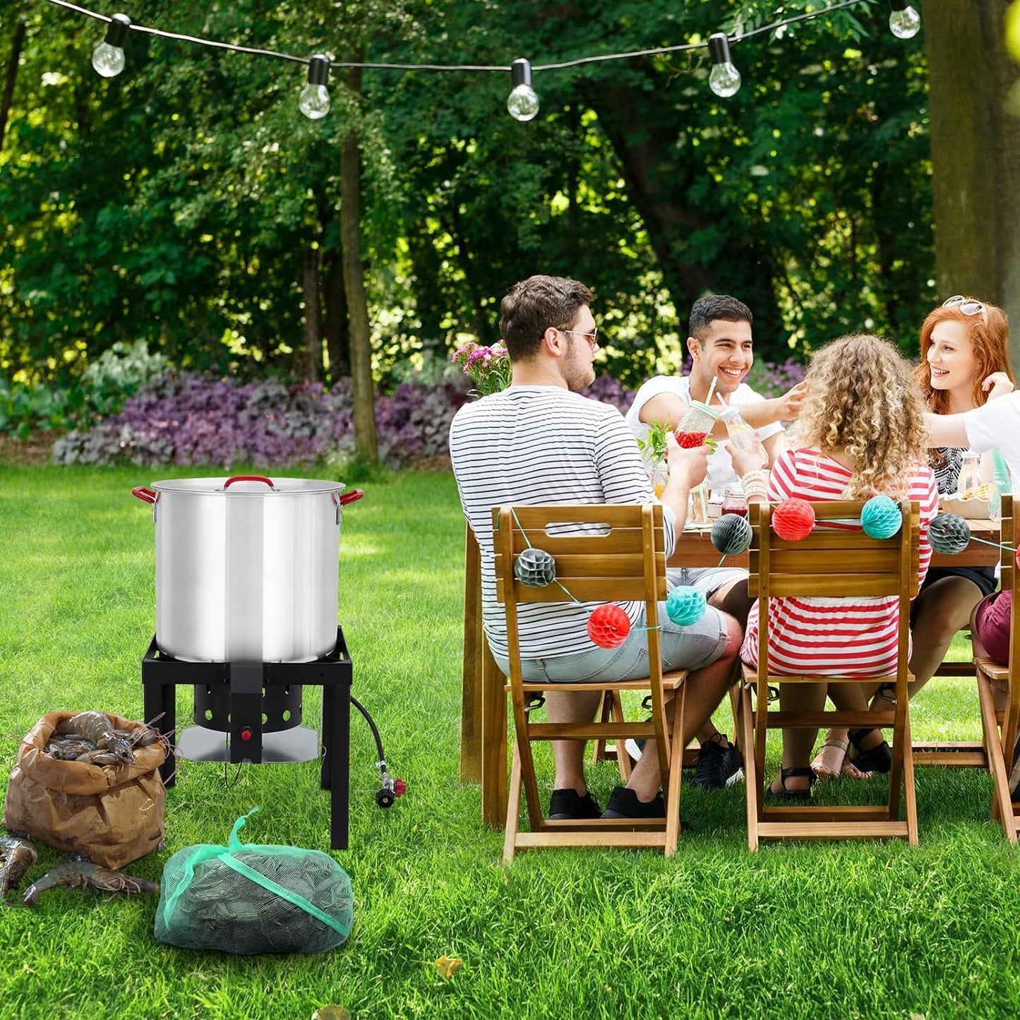 80-Quart Aluminum Seafood Boil Pot Kit with Steam/Boil Basket & Strainer, 110,000 BTU Propane Jet Burner & Lifting Hook, 10 PSI Regulator, Outdoor Crawfish, Shrimp, Crab Boiler and Fryer Combo