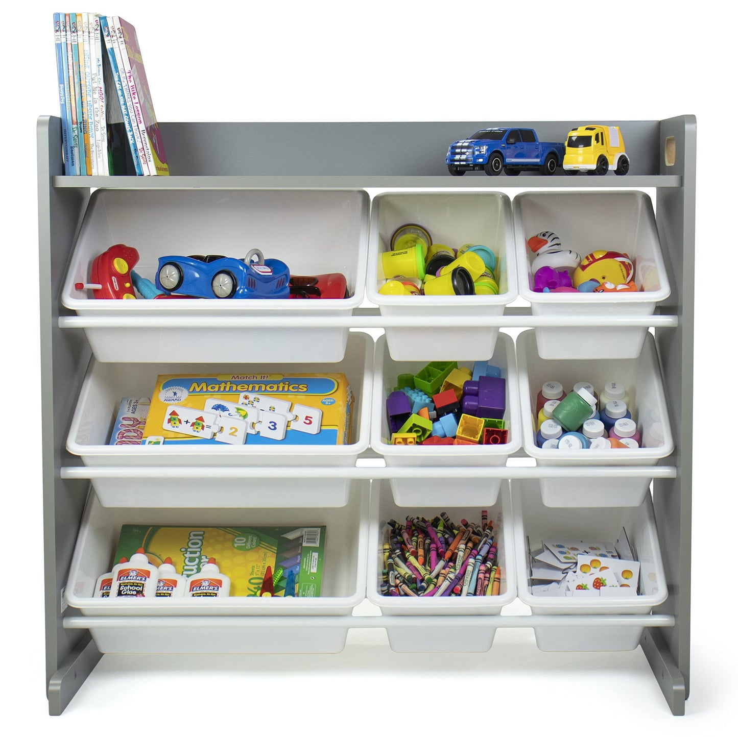 Humble Crew Toy Storage Organizer with Top Shelf and 9 Removable Bins, Grey/White – Toddler Bookshelf with Toy Organizer - Modern Toy Rack Ideal for Kids' Rooms, Playrooms, and Nurseries