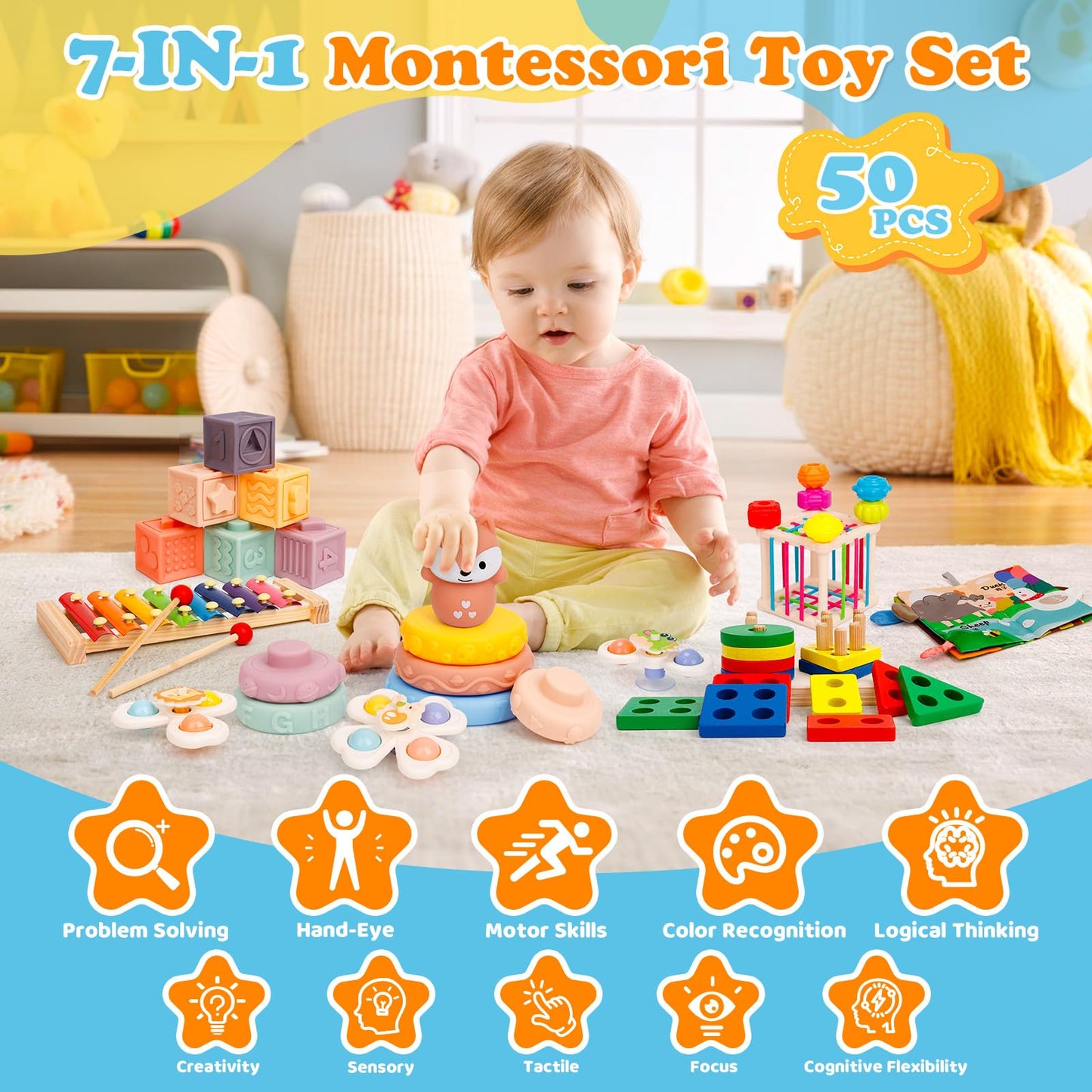 VuvuVoda Montessori Baby Toys for Toddlers 1-3, 7-in-1 Educational Activity Toy Set with Soft Cloth Book, Stacking Blocks & Learning Toys, Birthday Gifts for Boys Girls