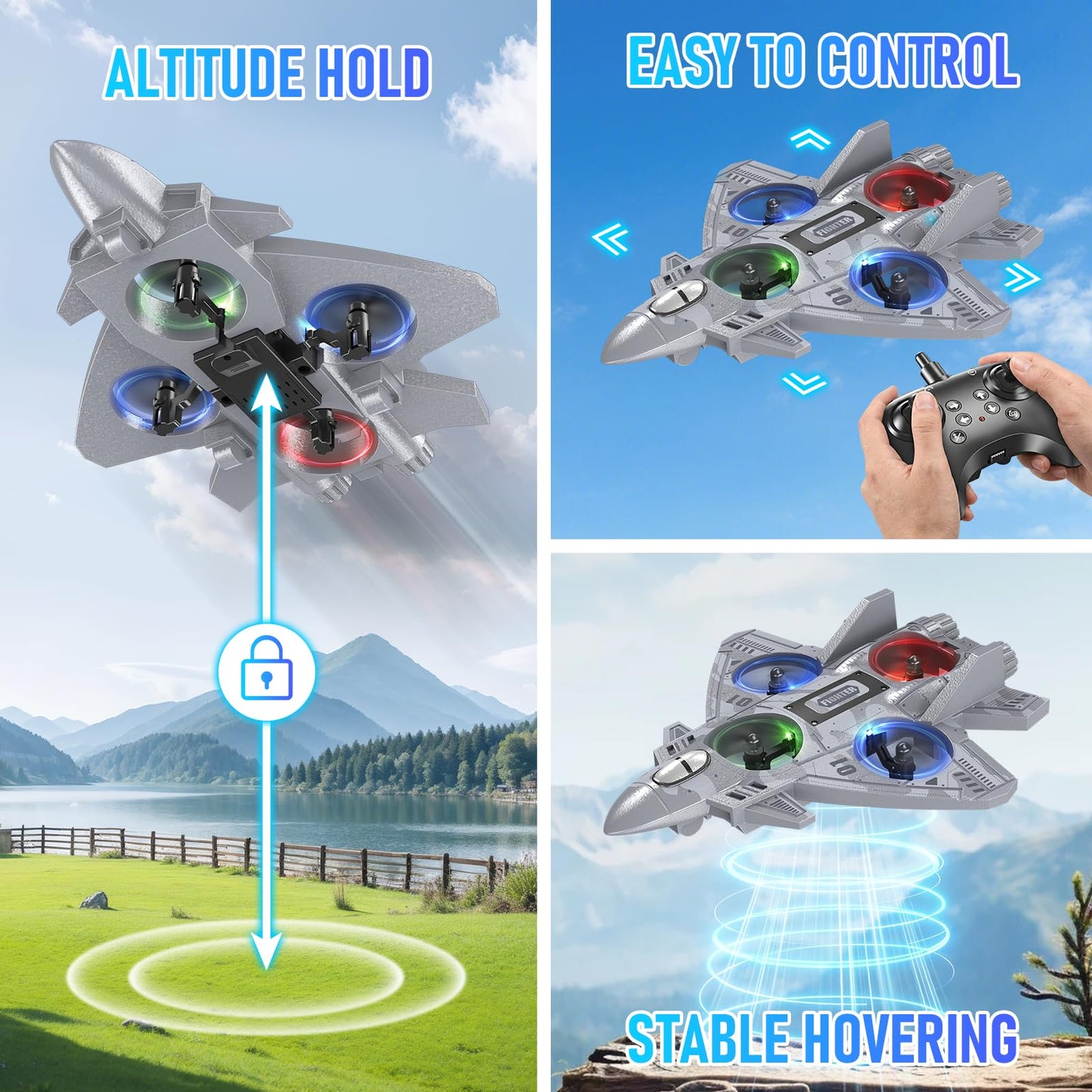 RC Plane Remote Control Airplane Drone for Kids Ages 8+, RC Planes Foam Airplanes for Adults Kids, Fighter Jet Toy with Lights 360°Flip and 3 Speed Modes, Airplane Toys Gifts for Teenage Boys