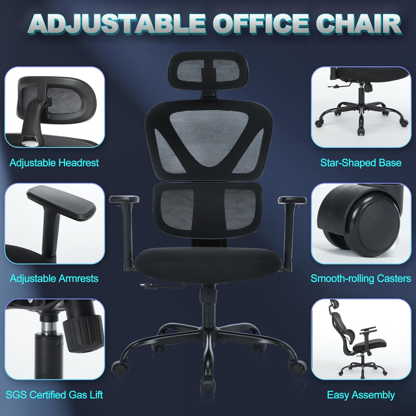 MALOL Ergonomic Office Chair with Adjustable Headrest & 3D Armrests, High Back Mesh Desk Chair with Lumbar Support, Reclining Lock 97°-125°, Swivel Computer Task Chair for Home Office, 300 LBS