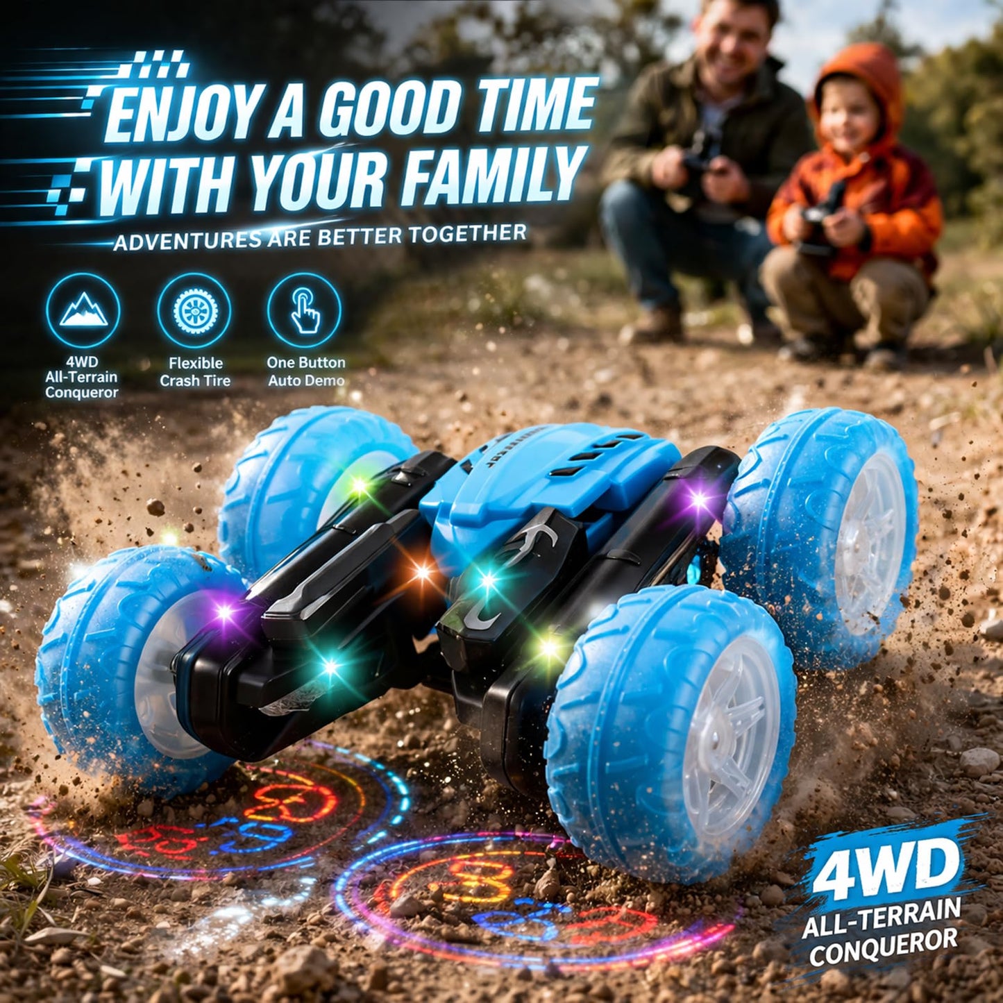 Titrot Remote Control Car for Kids, 360° Rotating Stunt Car, Double-Sided Driving, 2.4GHz RC Car, Rechargeable All-Terrain Toy, LED Glowing Wheels with Projection, for Boys & Girls Ages 4-8